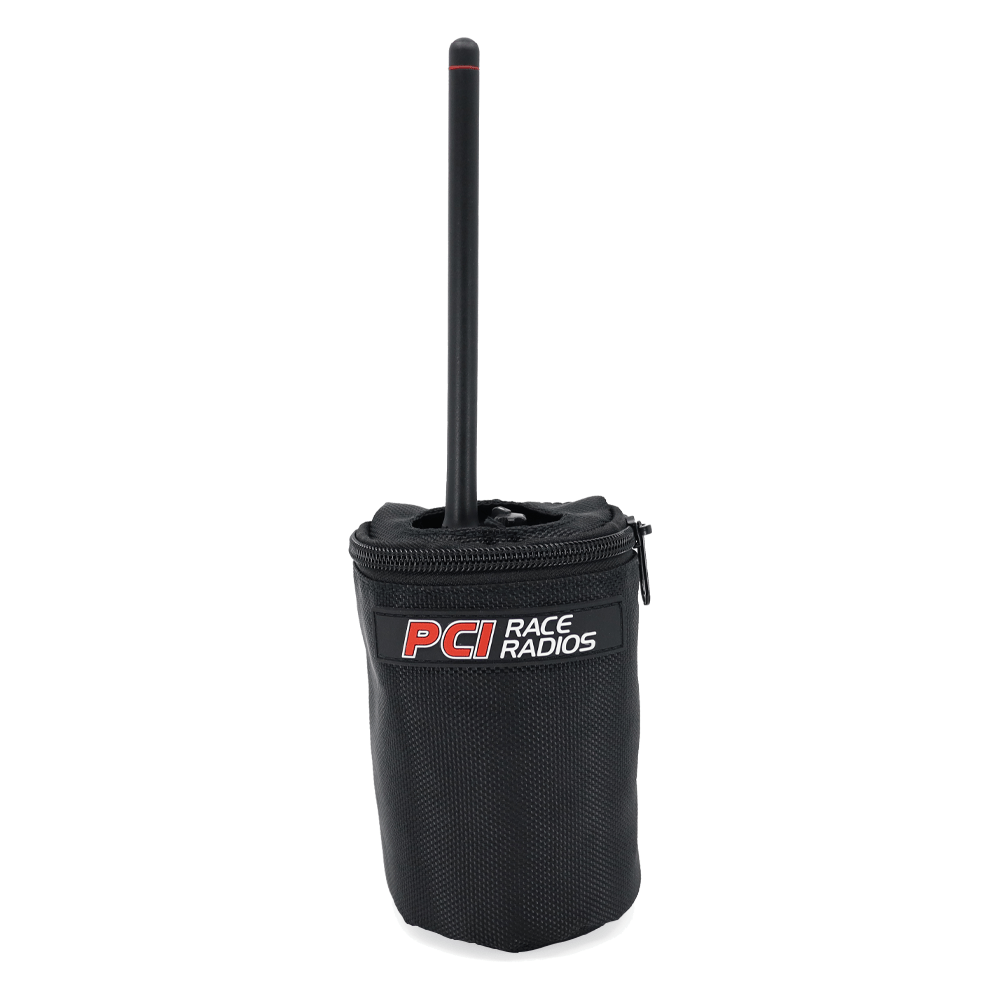 Durable handheld radio bag with zippered top, padded sides, and wide Velcro strap for secure mounting