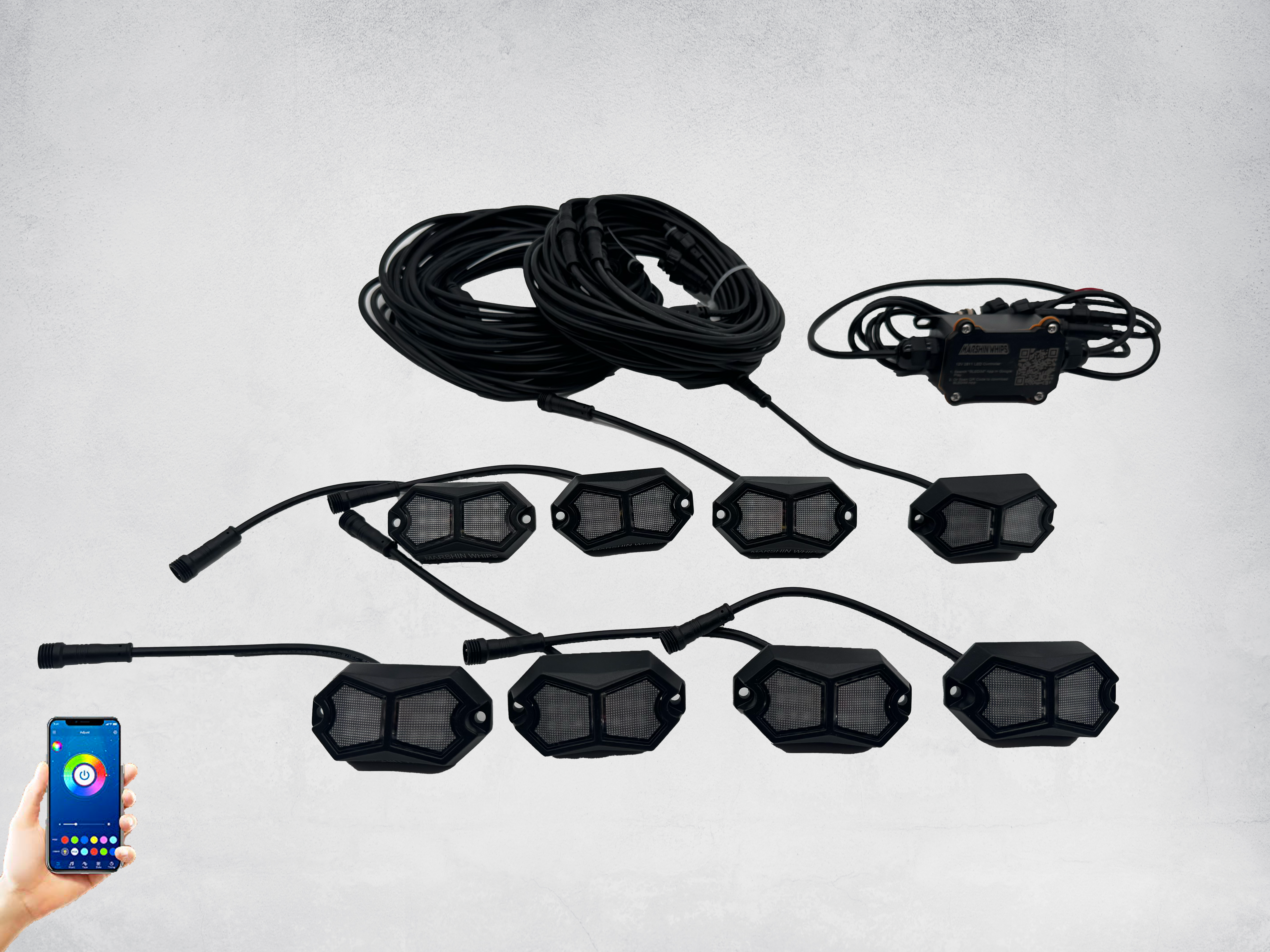 Rosewell X-1 8-pack rock lights with controller and Bluetooth smartphone control for off-road vehicles