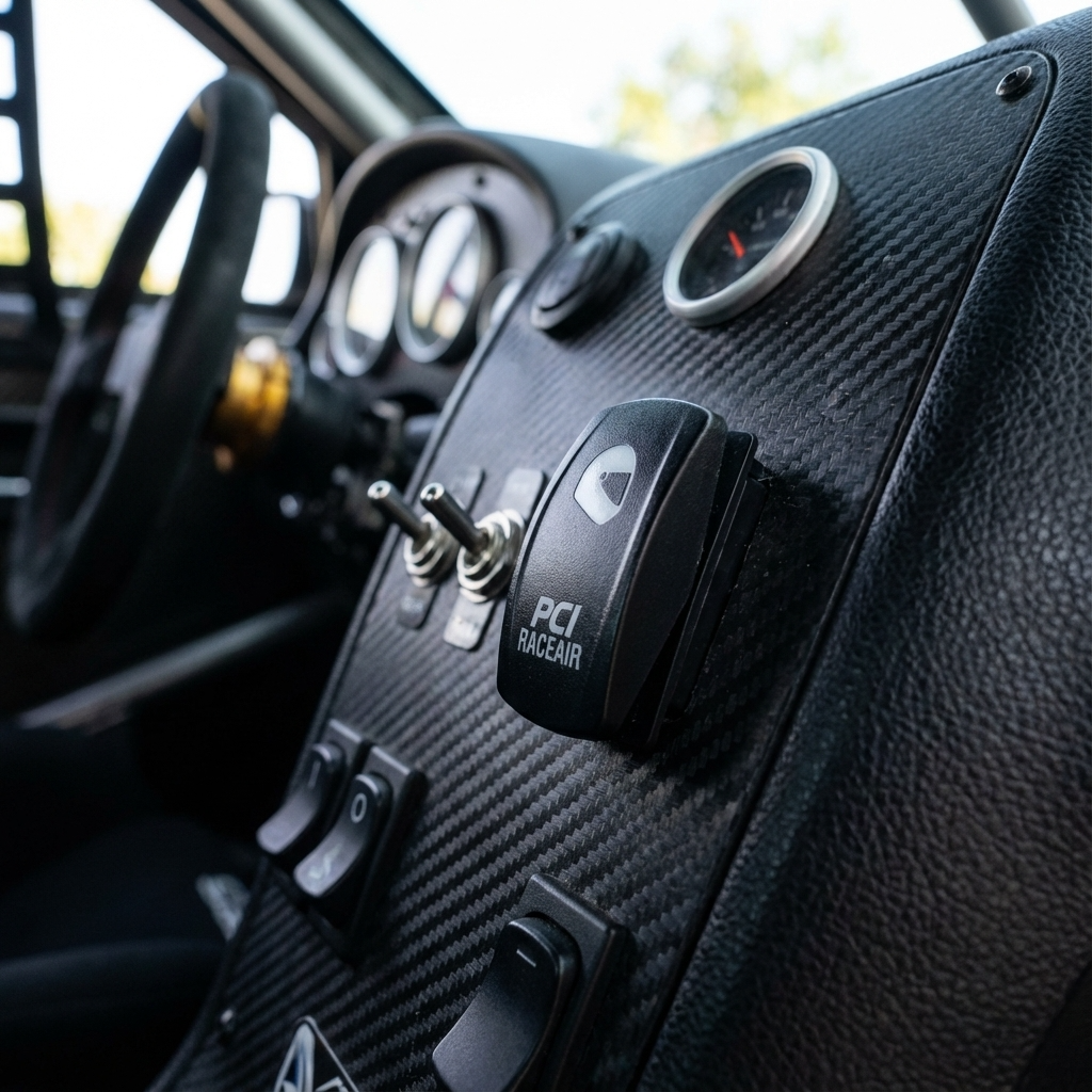 Rocker switch with amber LED for RaceAir control panel in racing vehicle