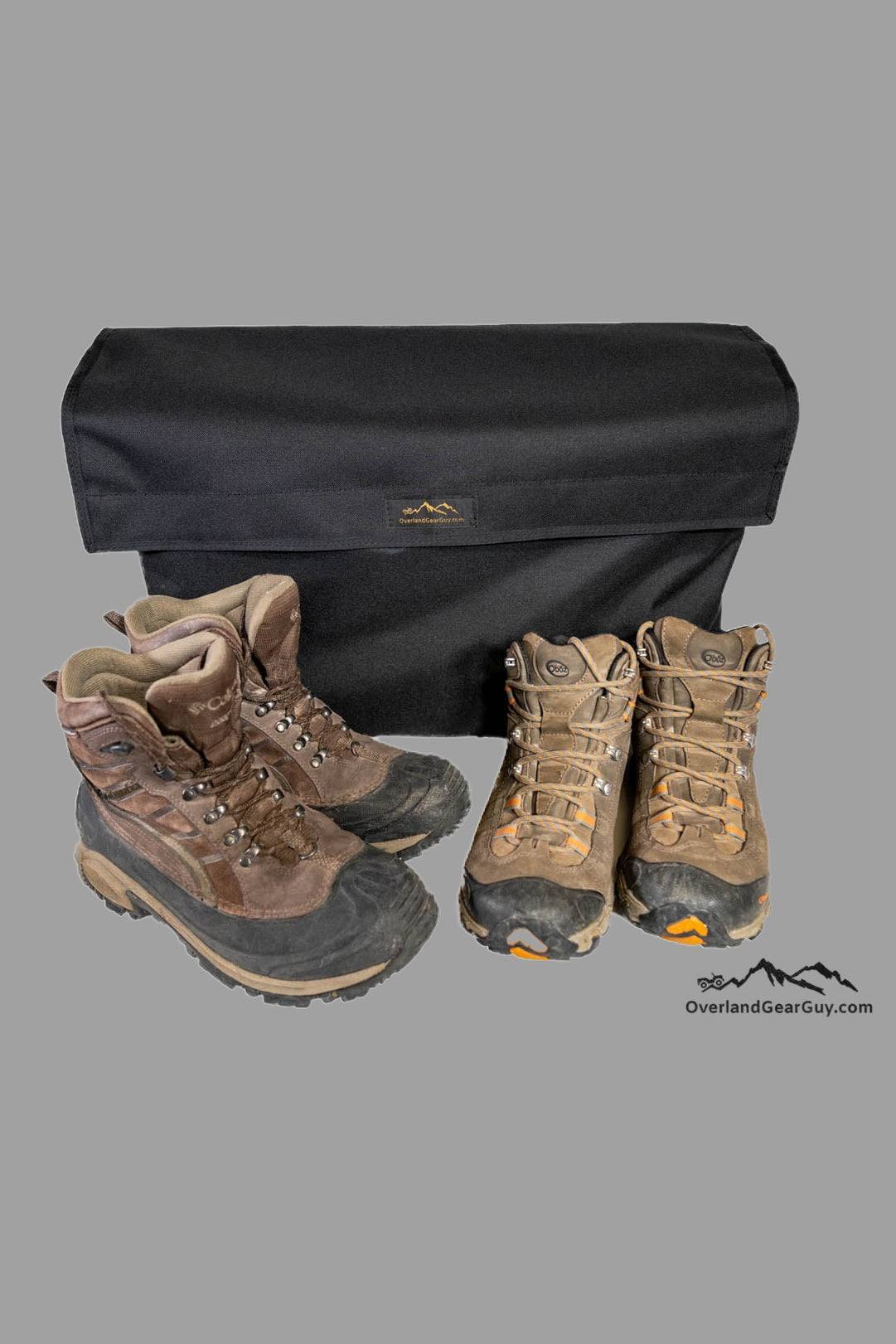 Black Roof Top Tent Shoe Bag with hiking boots for outdoor gear storage and organization