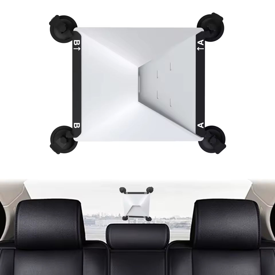 Starlink Mini Sunroof Suction Cup Mount Kit attached to car rear window with strong suction cups for portable satellite antenna mounting