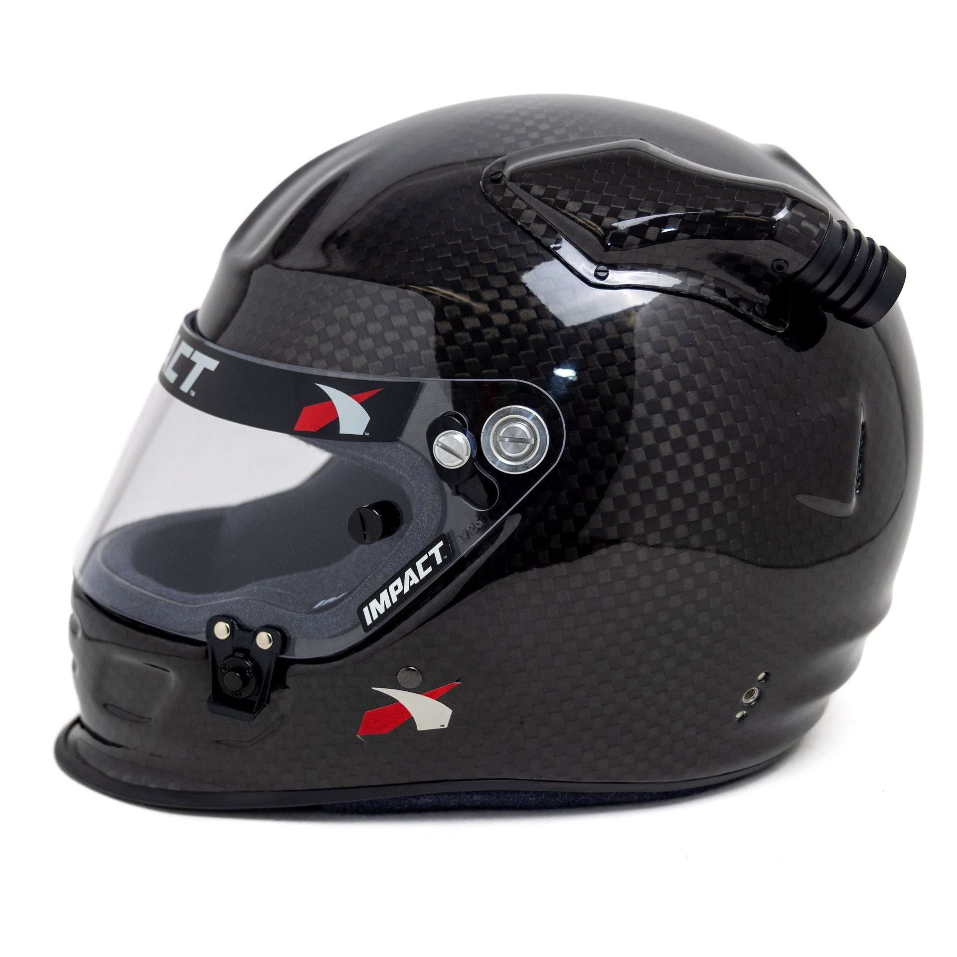 Impact Carbon Fiber Offset 20 SA2025 racing helmet with wide eye port and carbon fiber construction