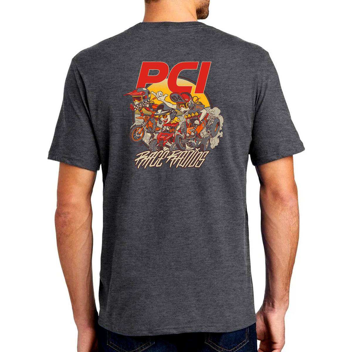 Back view of PCI Sandstorm shirt in heather grey with desert-themed graphic and red PCI logo