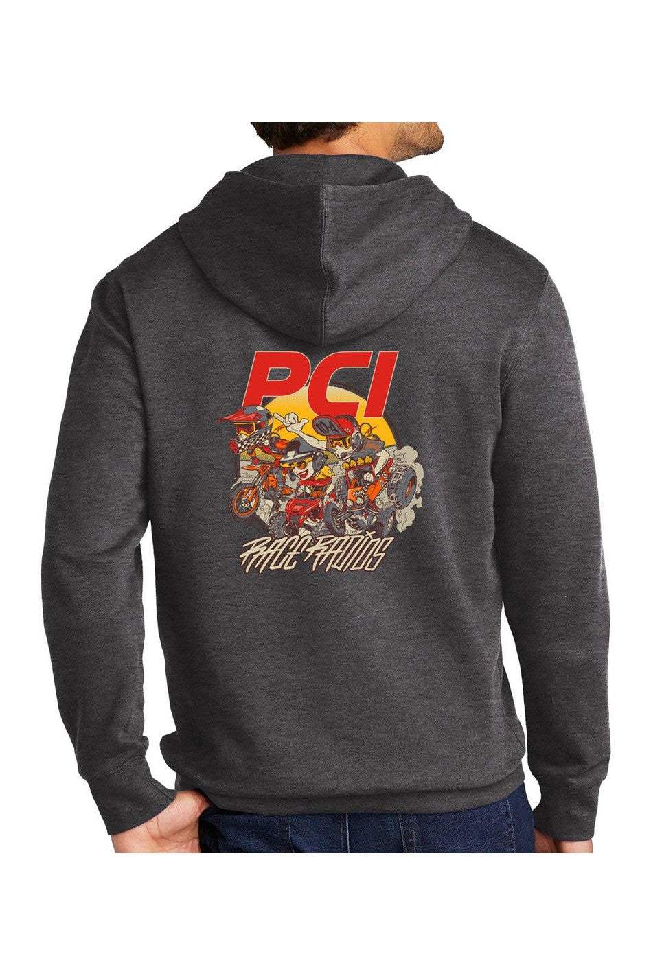 Back view of charcoal PCI Sandstorm Hoodie with colorful dune racing graphic and red PCI logo.