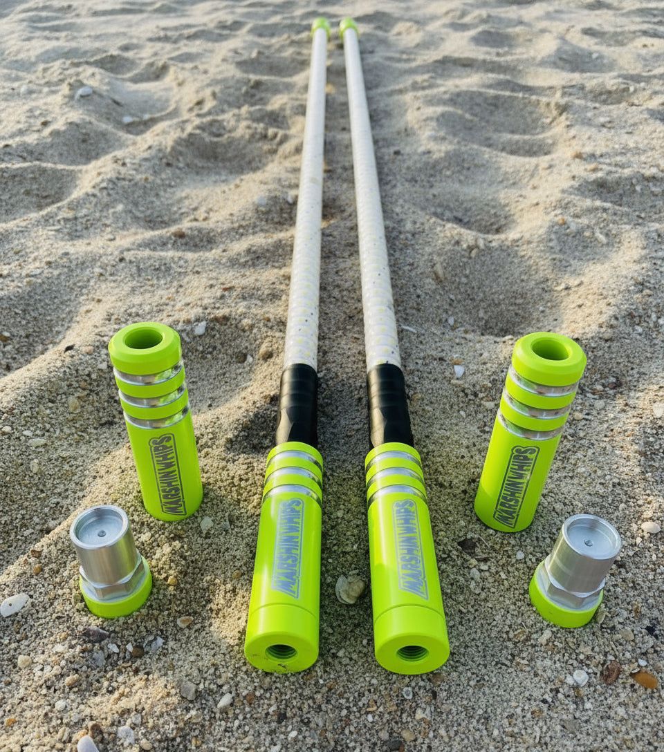 Game Changer Savage Sage Green whips set with durable 5/8 internal rods on sandy terrain