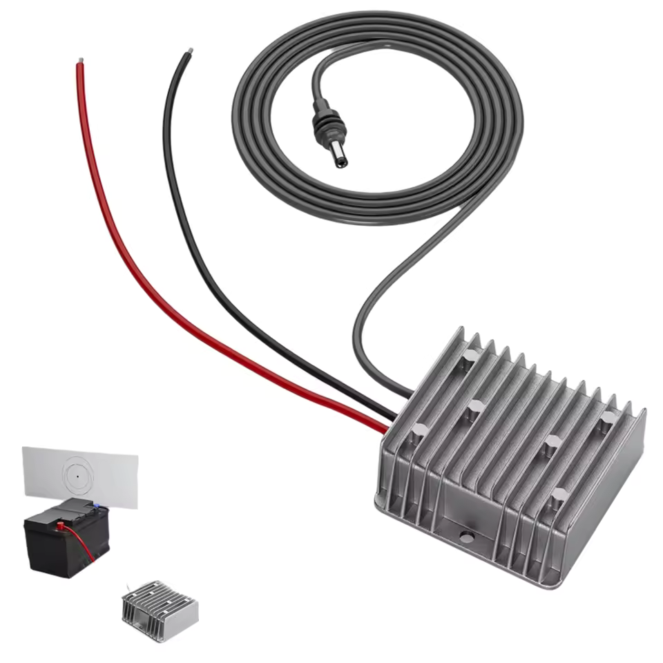 12V/24V DC step-up power supply for Starlink Gen 3 with aluminum heat sink and integrated cables for RV and off-grid use