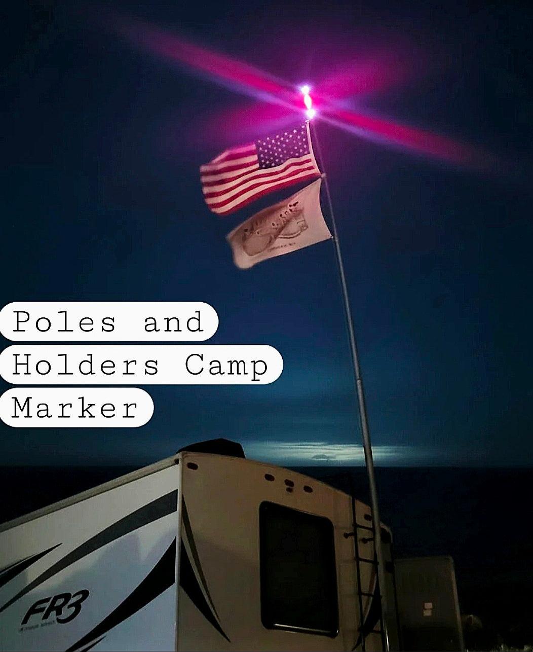 2' Poles and Holders 12 volt camp marker light with Bluetooth remote control on flagpole at night
