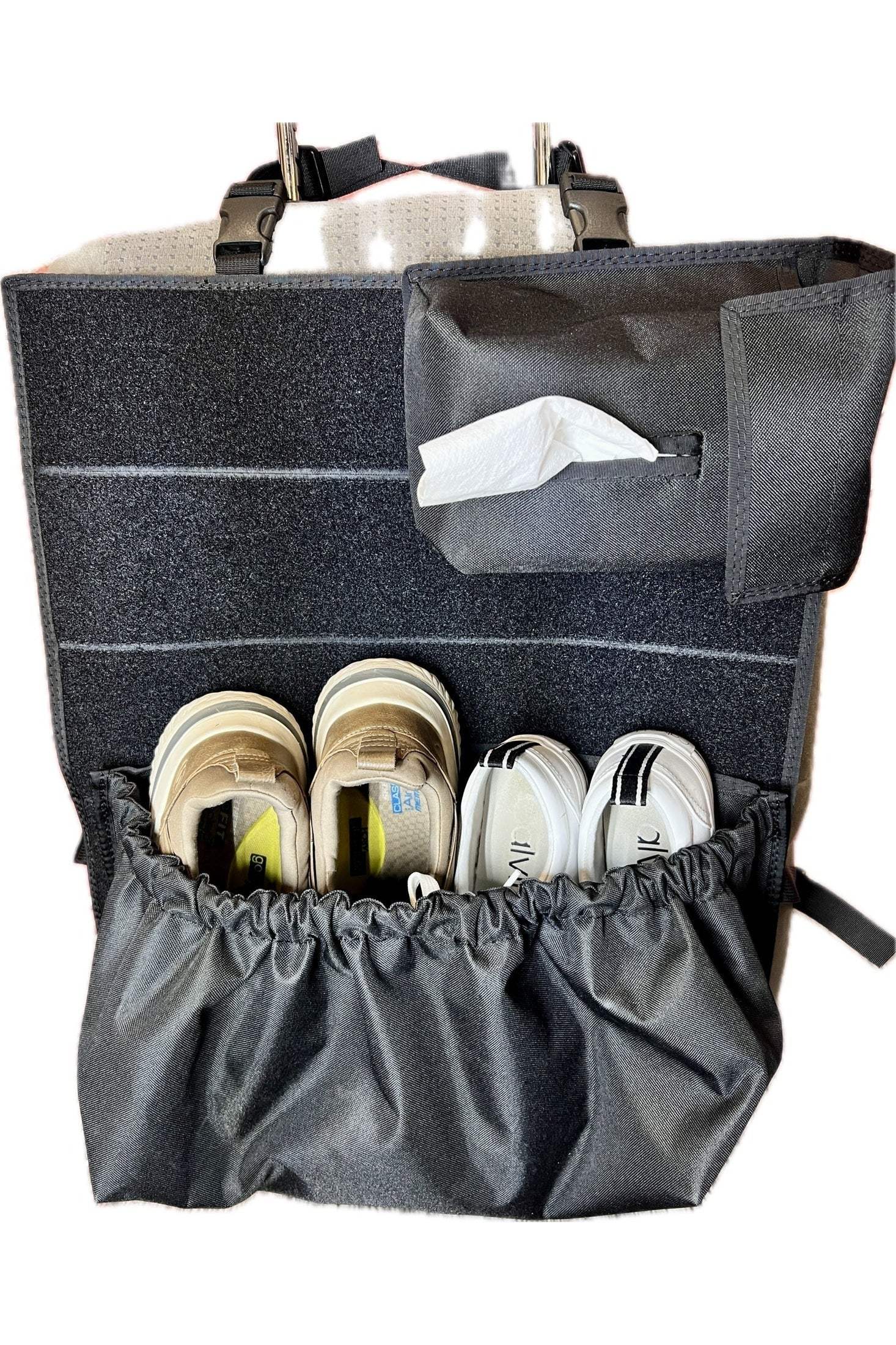 Modular Velcro shoe organizer pouch with spacious pocket for shoes and bulky items, attachable with Velcro strips, durable and made in USA