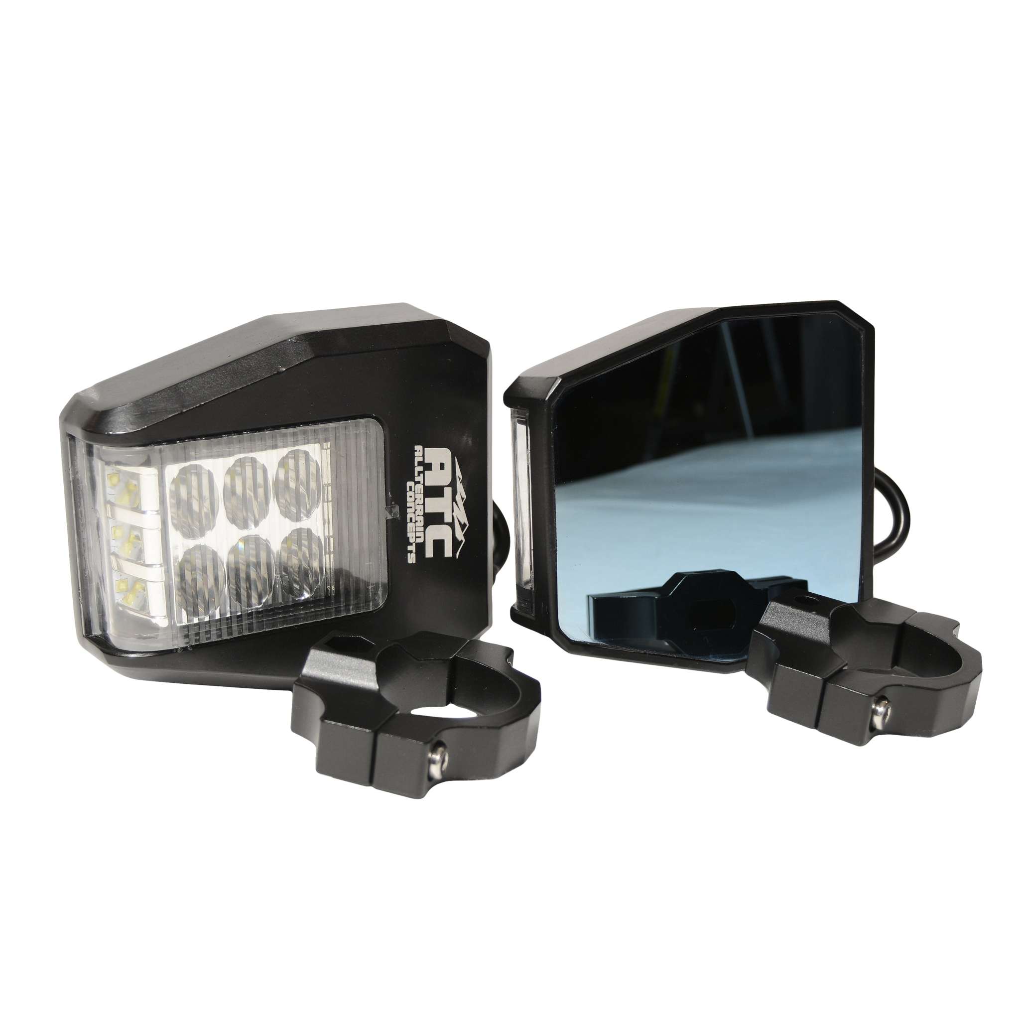 ATC Side-Winder Series billet aluminum side mirrors with integrated 45W CREE LED lights and clamps for 1.5-2 inch cages
