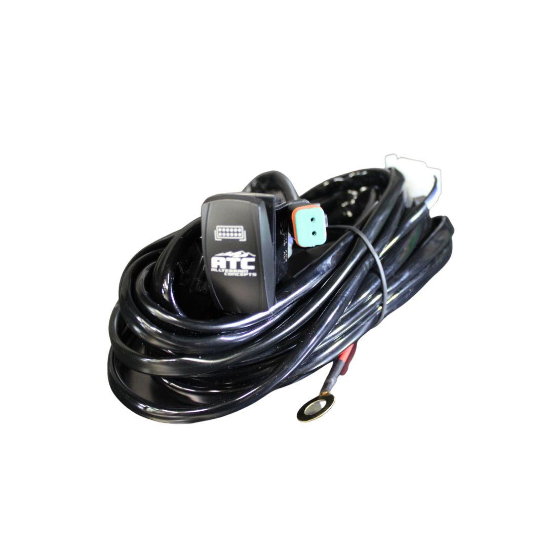 Heavy duty light bar wiring harness with 10 gauge wire, inline fuse, relay, waterproof connector, and rocker switch