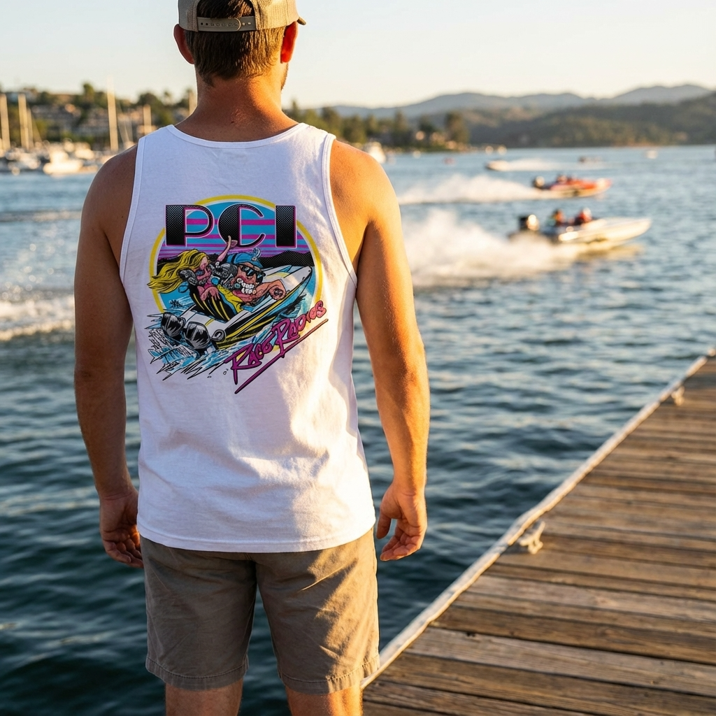 Man wearing white Speedster tank top with colorful boat race graphic by the water dock