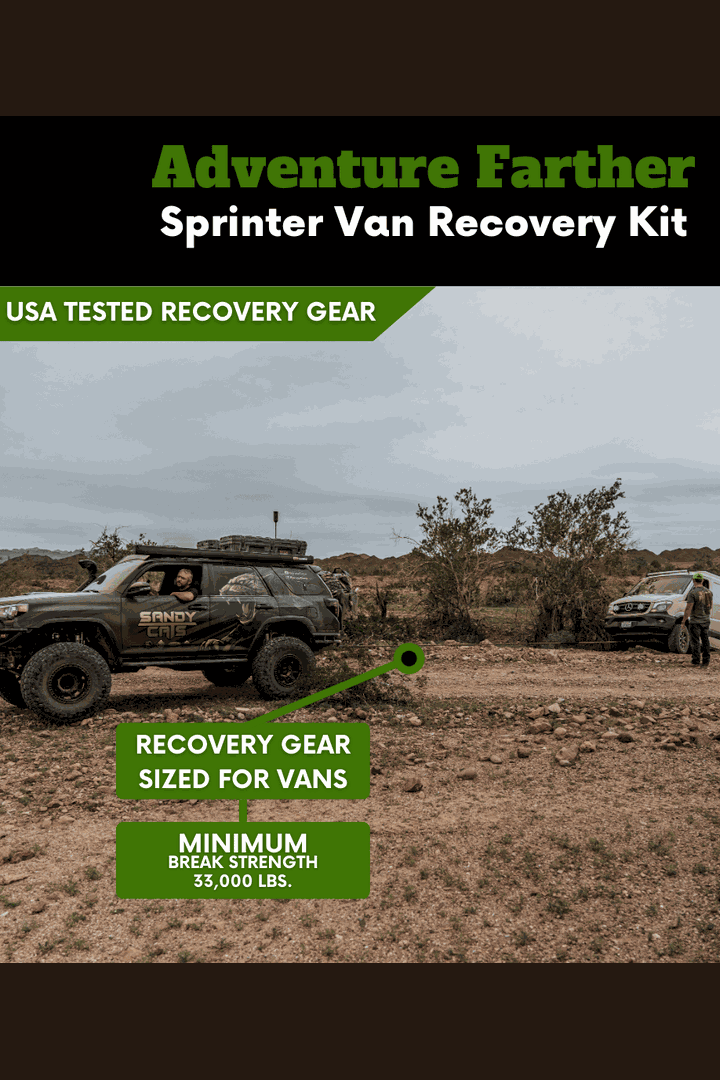 Adventure-ready Sprinter Van Recovery Kit with USA-tested gear for off-road challenges.