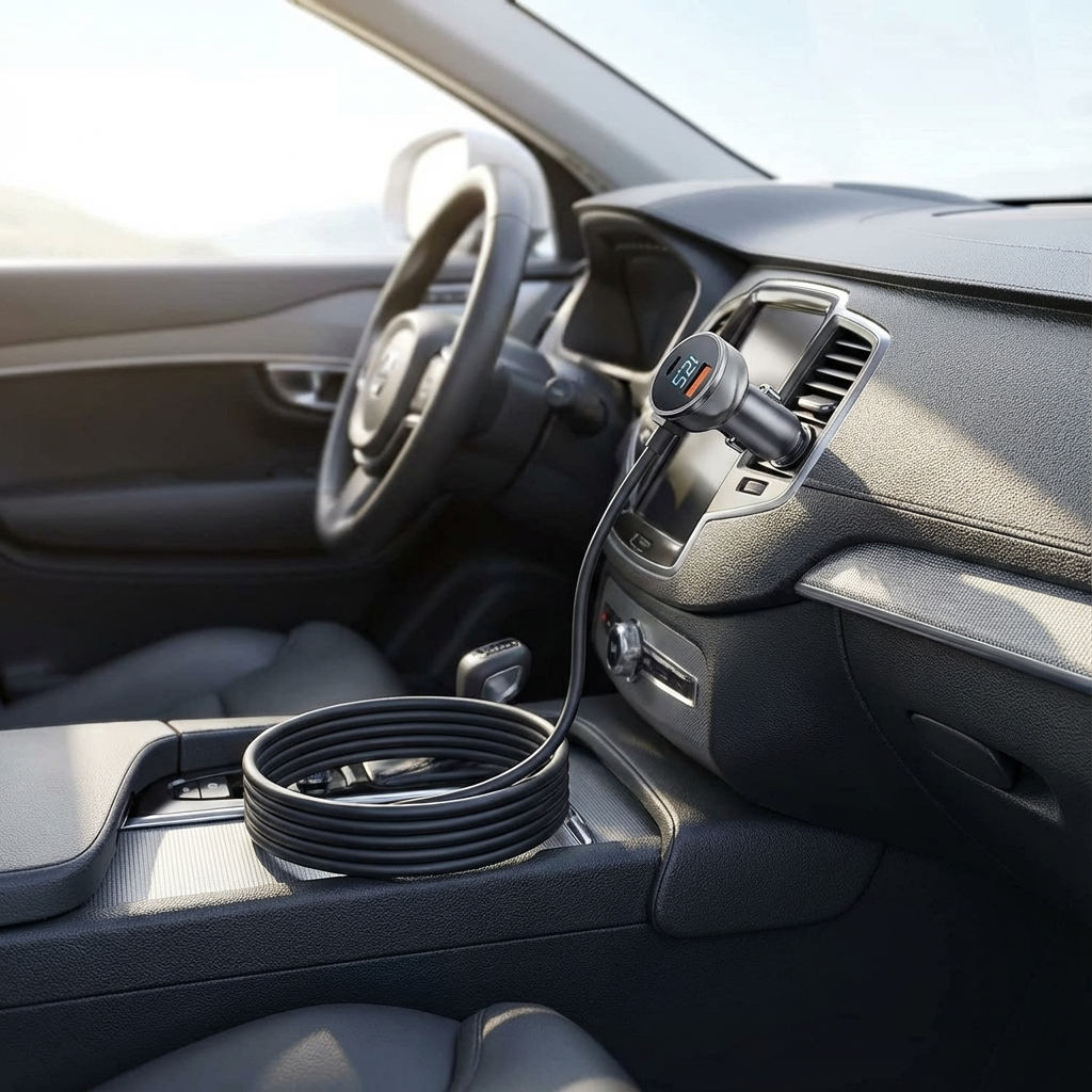 Starlink Mini dual USB car charger with digital voltmeter and waterproof 9 feet cable installed in vehicle dashboard