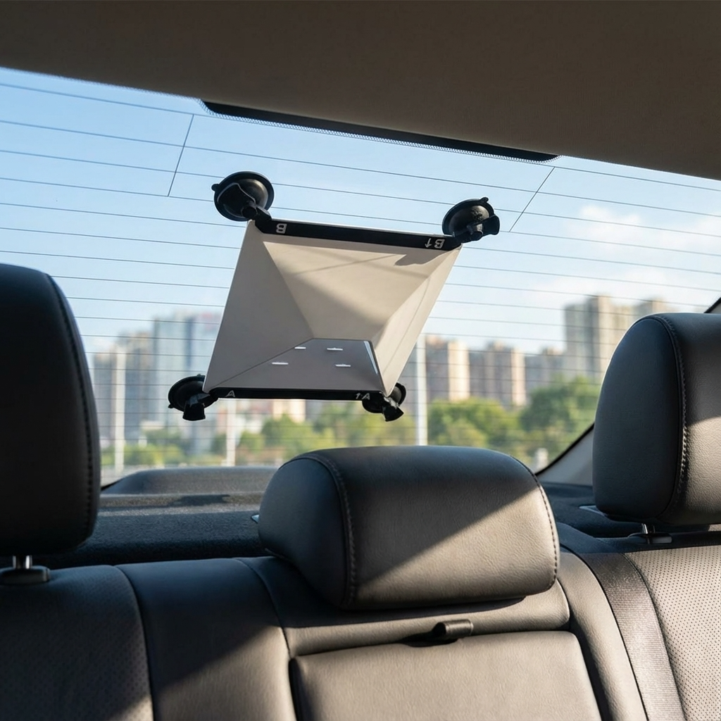 Sunroof suction cup mount kit securely holding Starlink Mini on car window with cityscape background