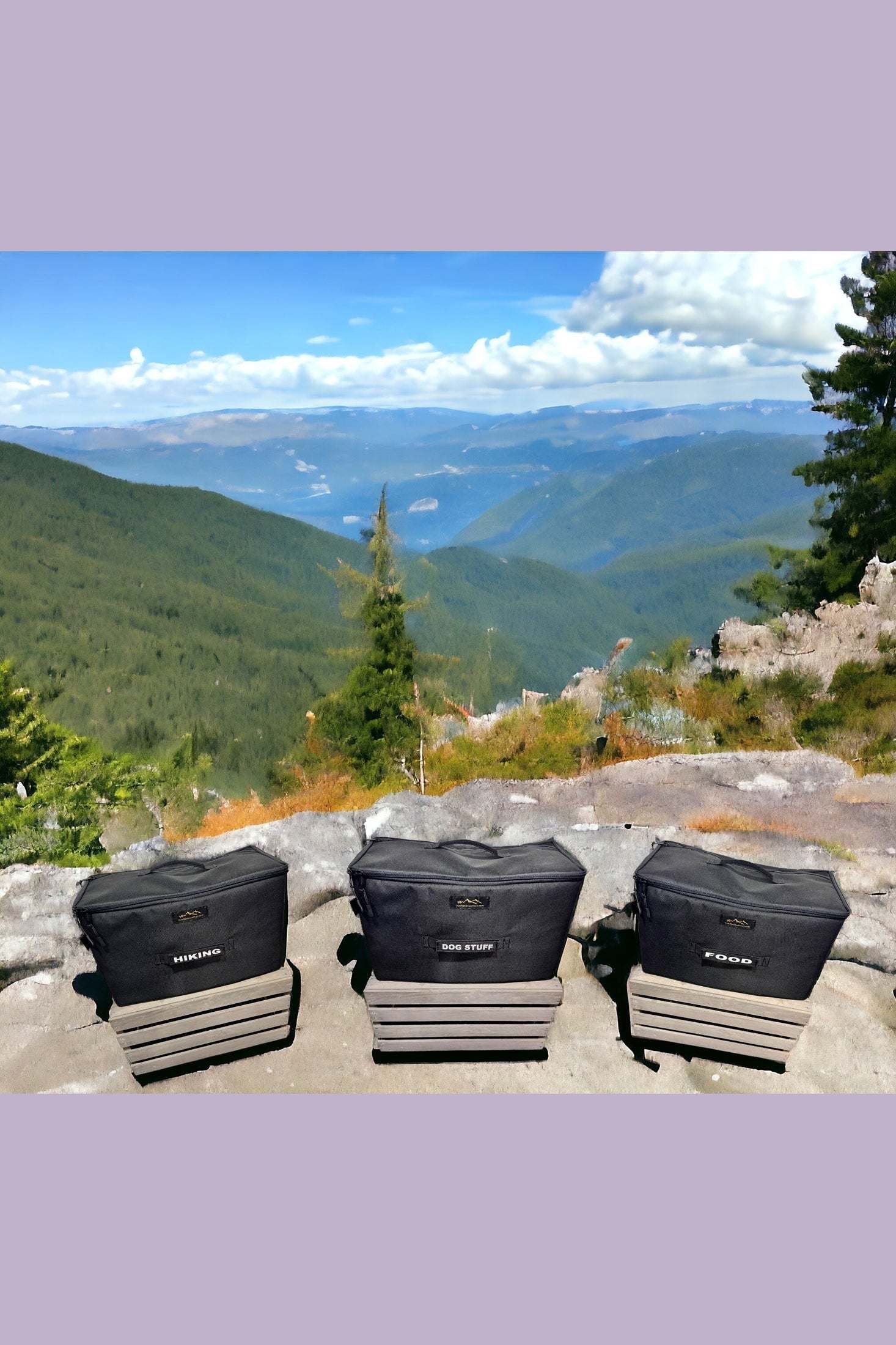 Titan Pack durable black storage bags with rigid sides on rocky mountain trail background