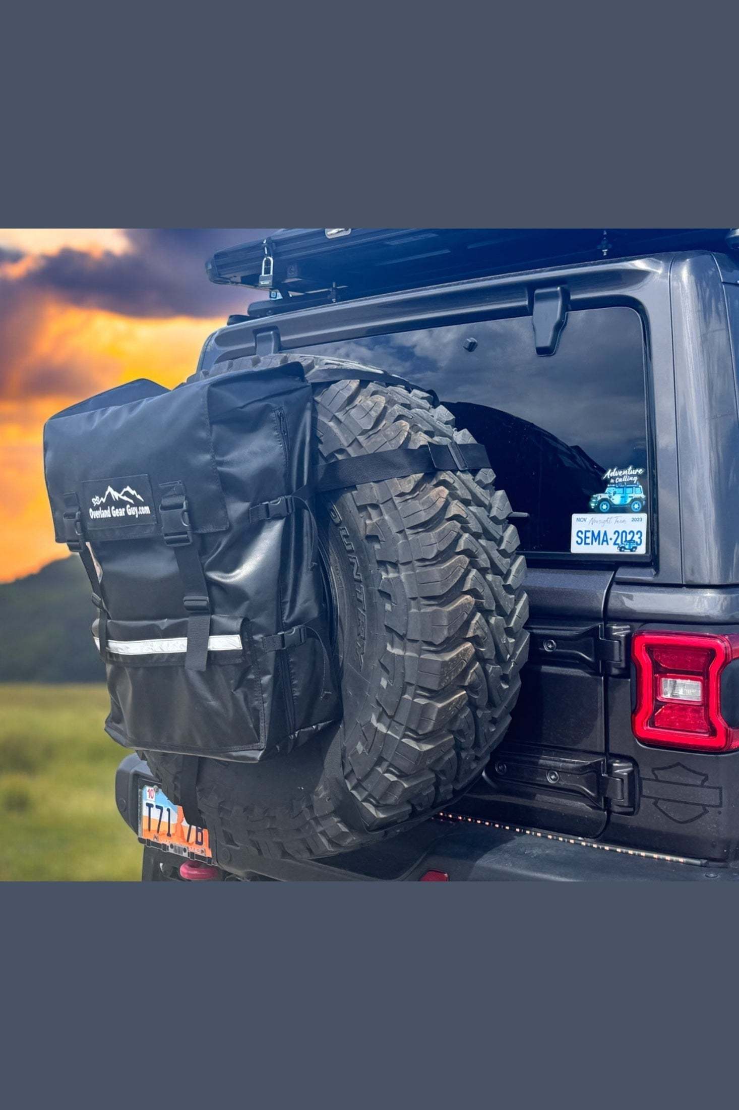 Max Adventure Tire Trash Bag mounted on spare tire of off-road vehicle outdoors