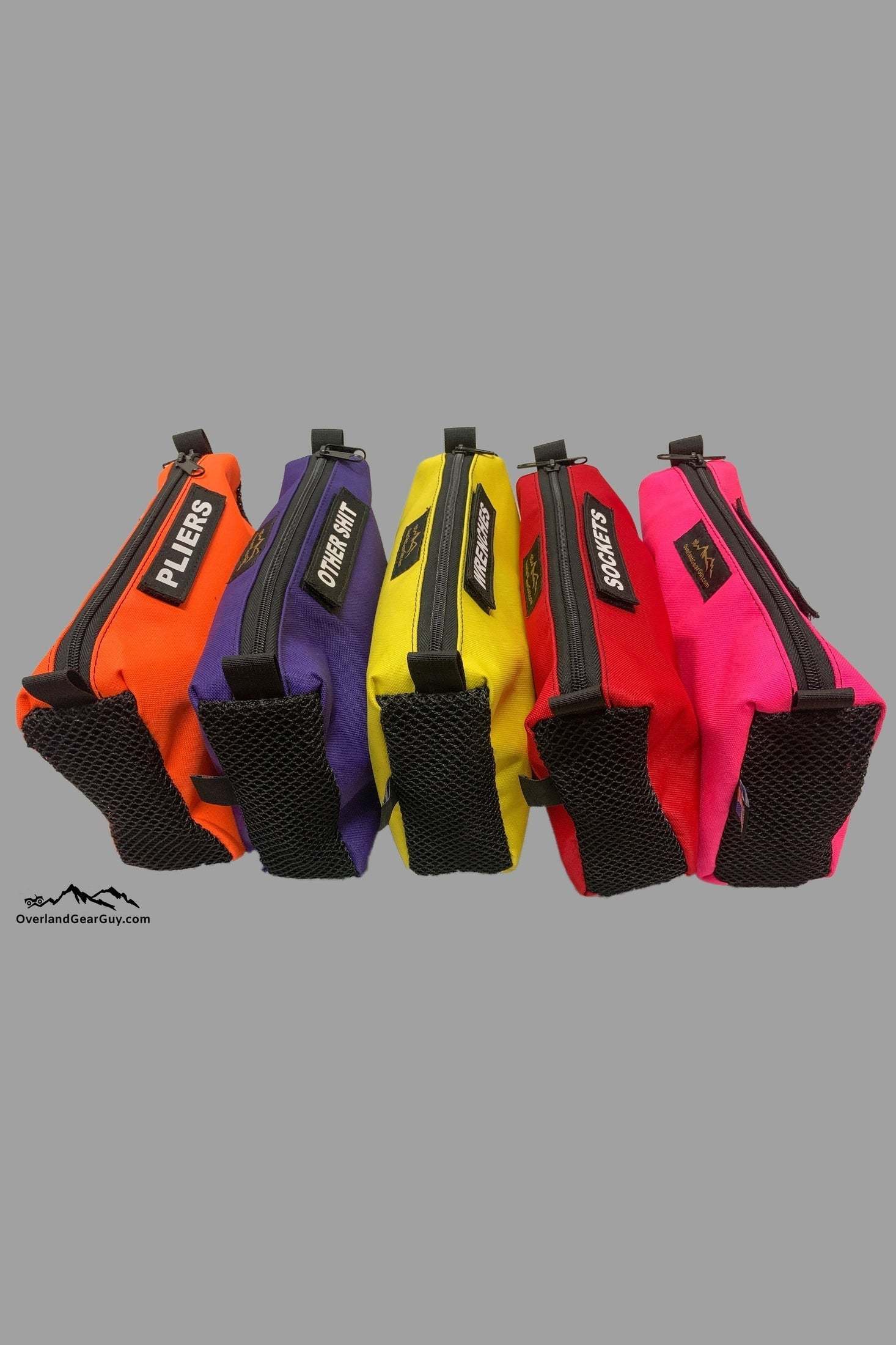 Colorful mesh tool pouches with zipper closure and labeled ends for organized tool storage