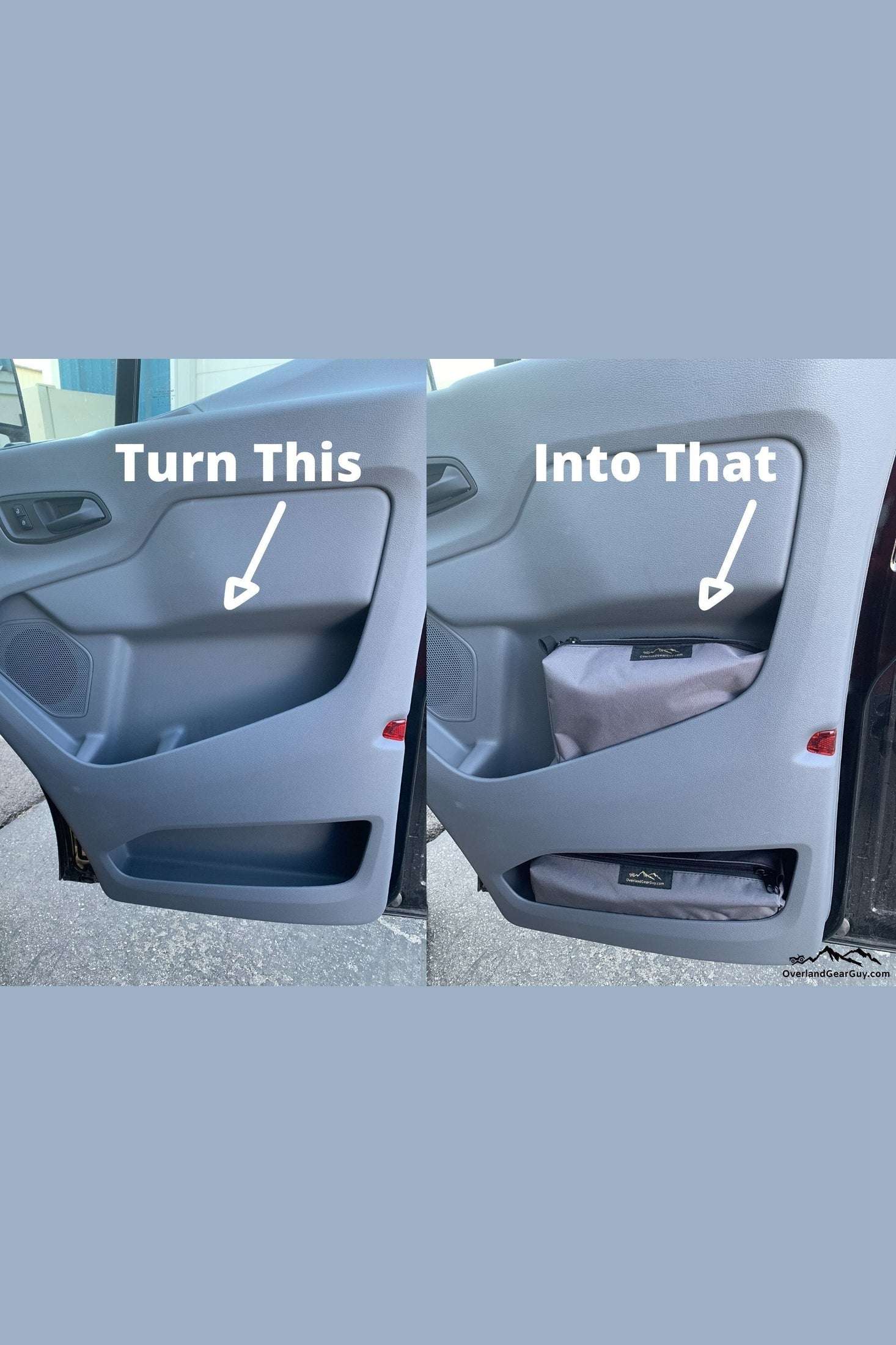 Transit van door with and without Transit Storage Cubby Pouches installed for organization