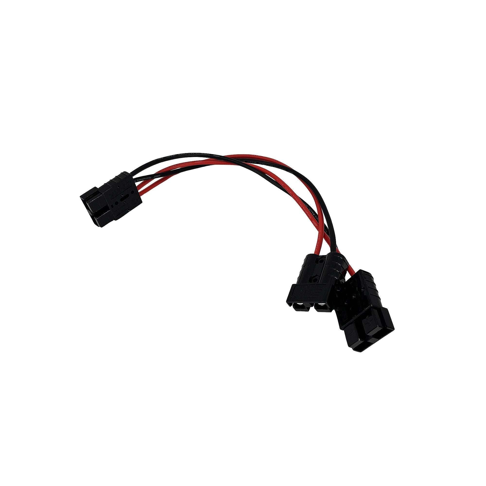 Two to One SB50 adapter cable for combining solar panel outputs with black connectors and red-black wiring