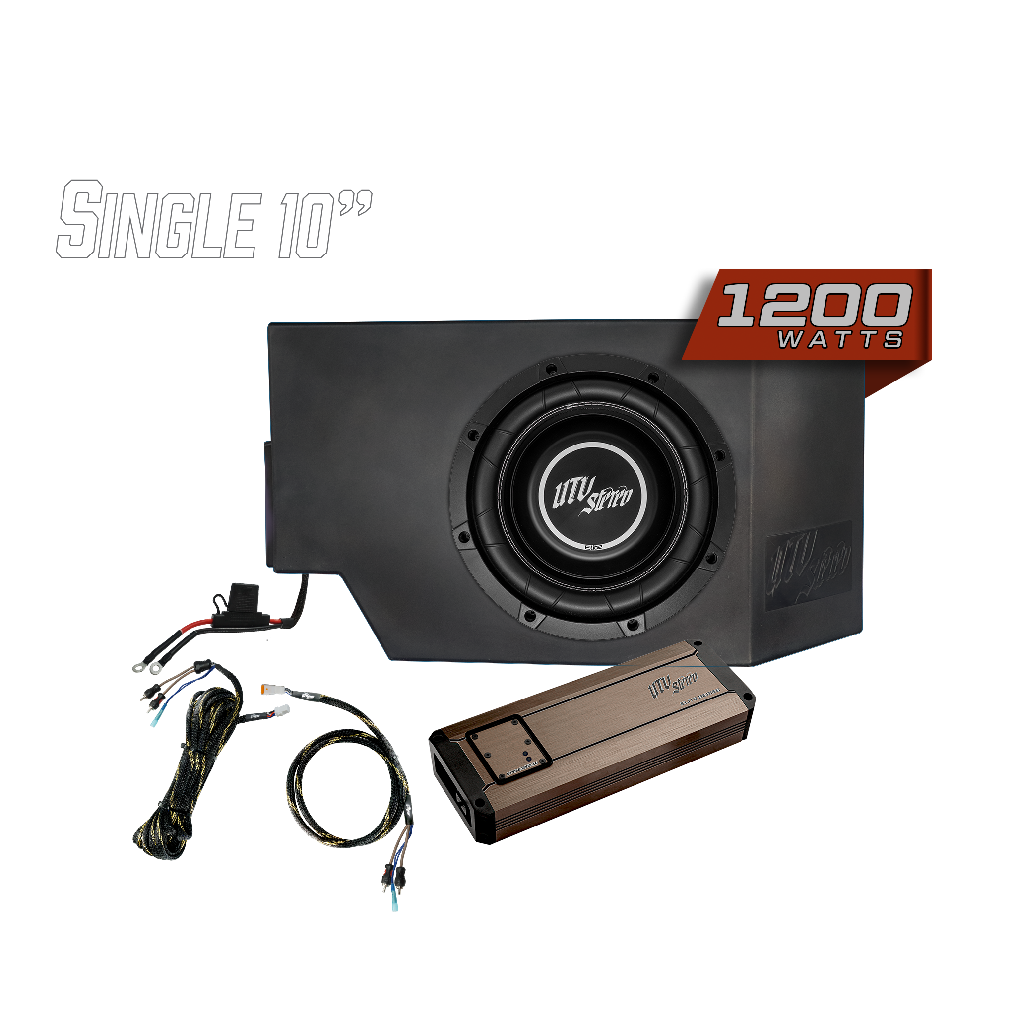 Can-Am Defender subwoofer kit with 10-inch subwoofer, 1200W amplifier, custom driver-side enclosure, and wiring harnesses for UTV audio upgrade