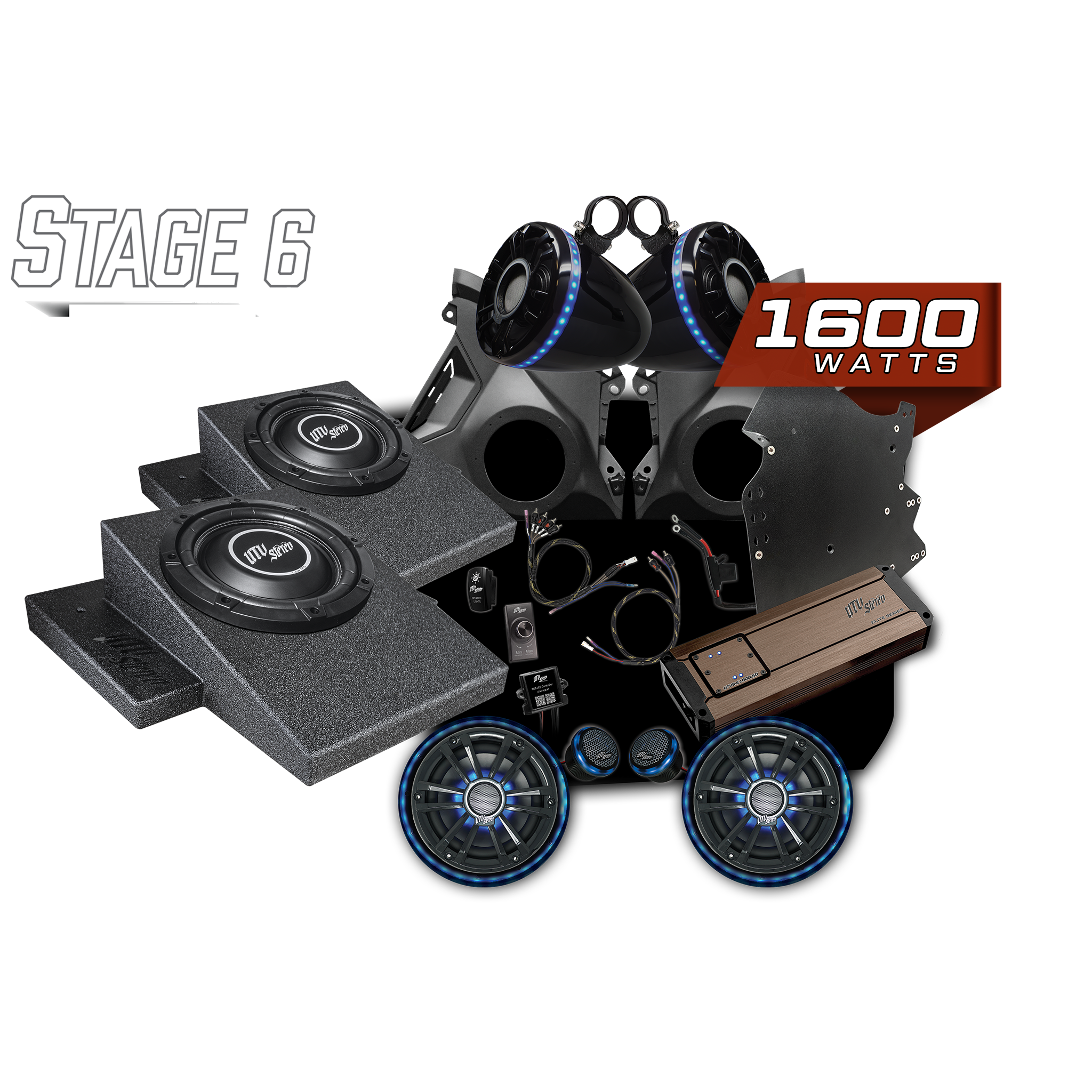 Can-Am Maverick R Stage 6 1600W Elite Series stereo kit with speakers, subwoofers, amplifier, and installation accessories