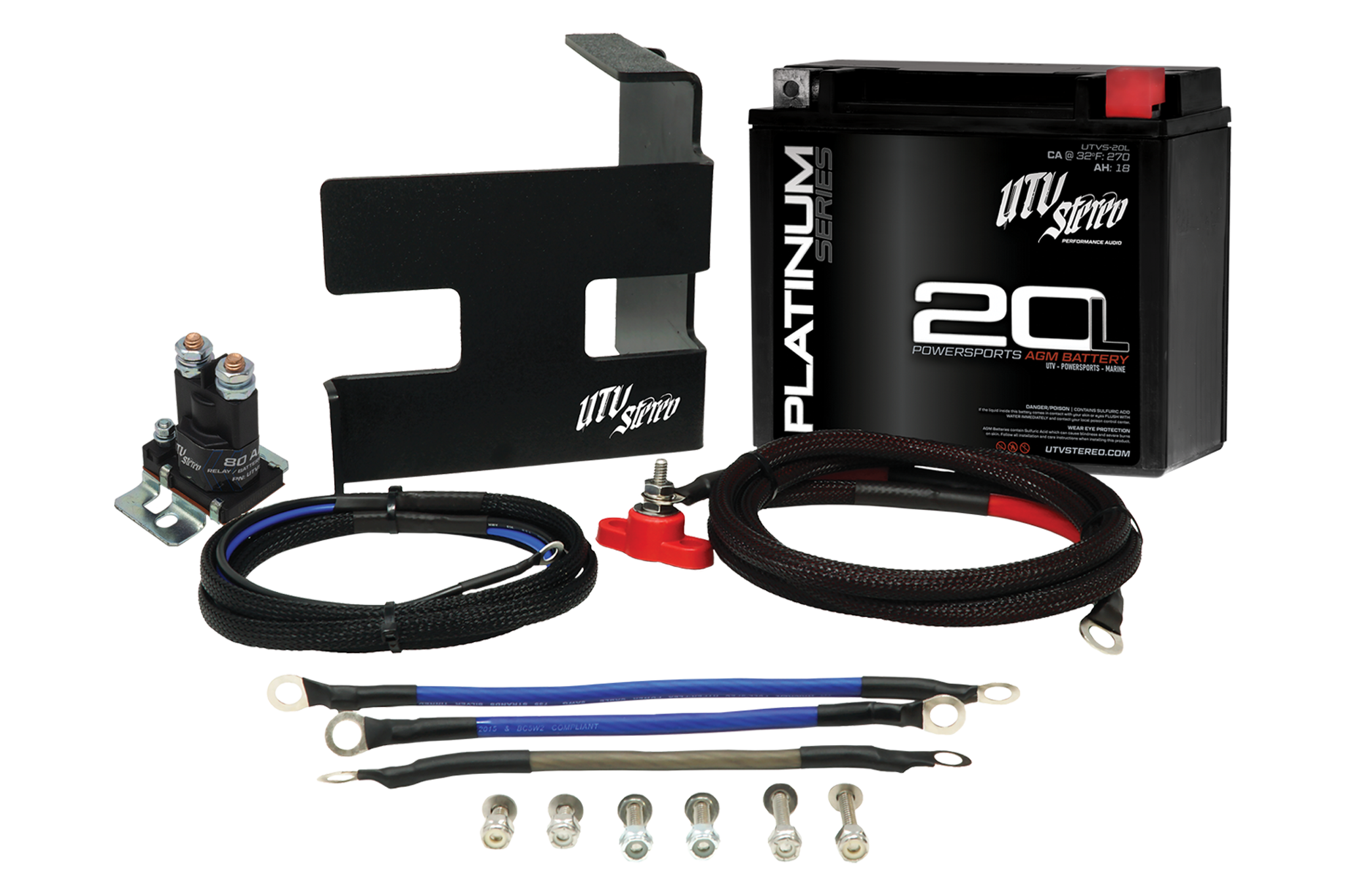 Can-Am X3 auxiliary battery kit with AGM battery, wiring, mount, and isolator relay for UTV power upgrade