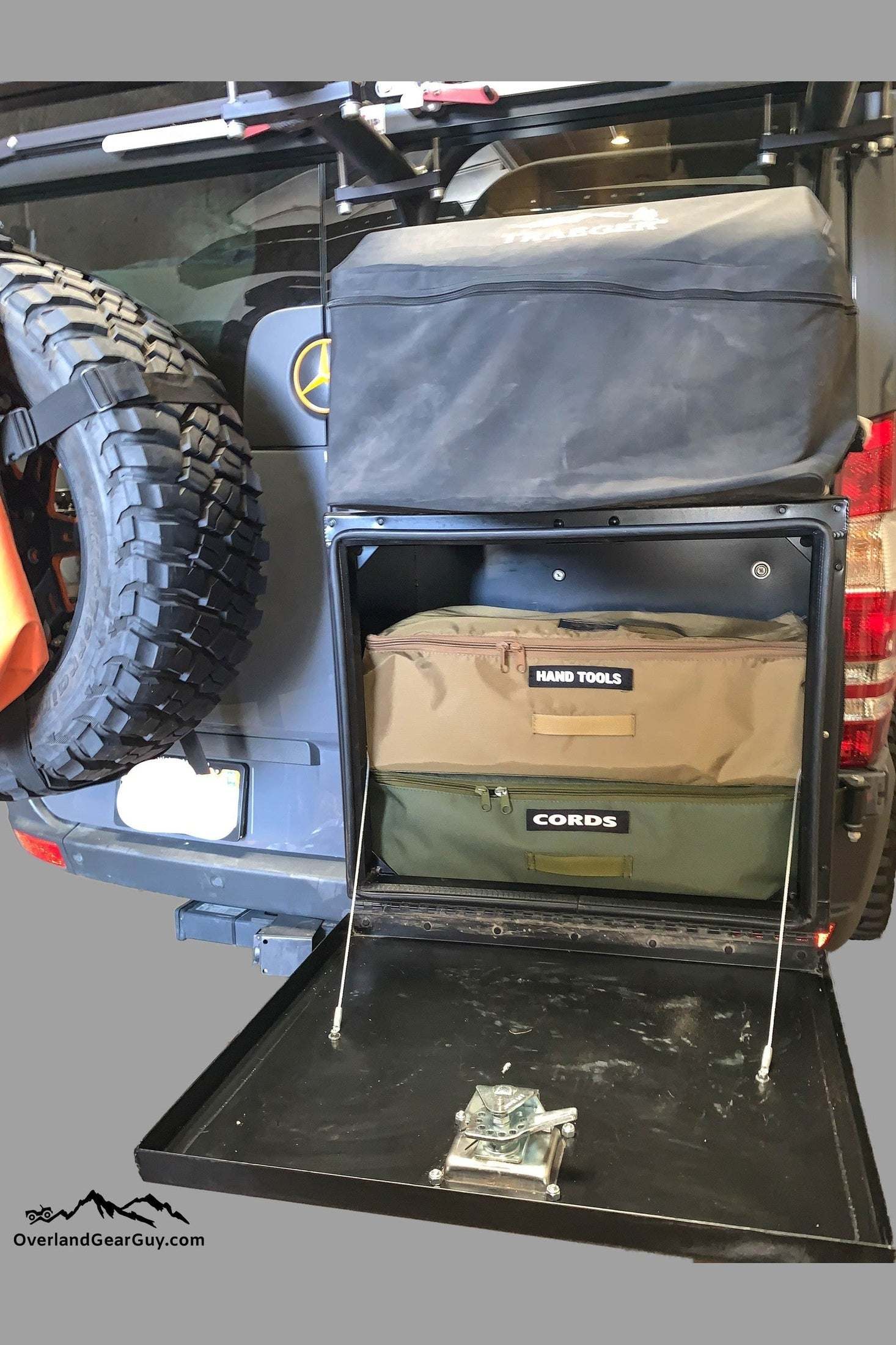 Van GearBox Storage Bags organized in van gear box with labeled compartments for tools and cords