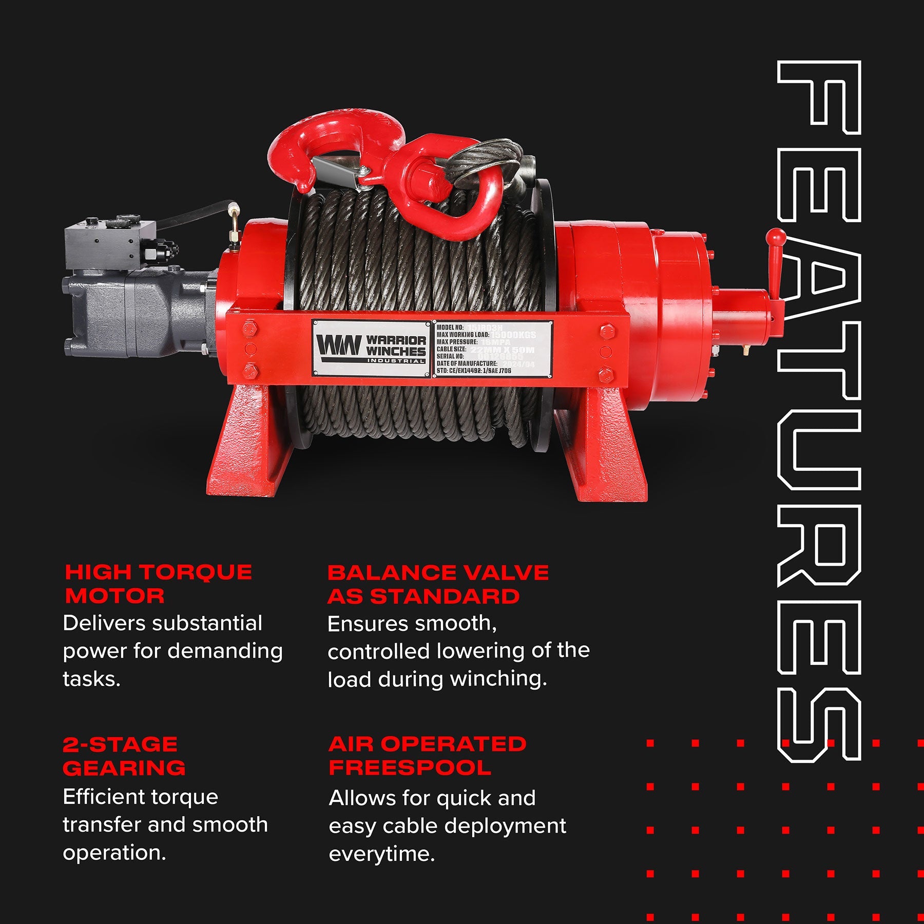 JR15 33,000lb (15 Ton) Industrial Hydraulic Winch - Steel Rope