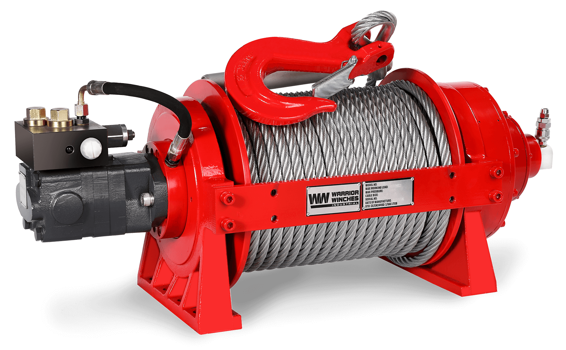 JR10 22000lb Industrial Hydraulic Winch with steel rope and red heavy-duty frame