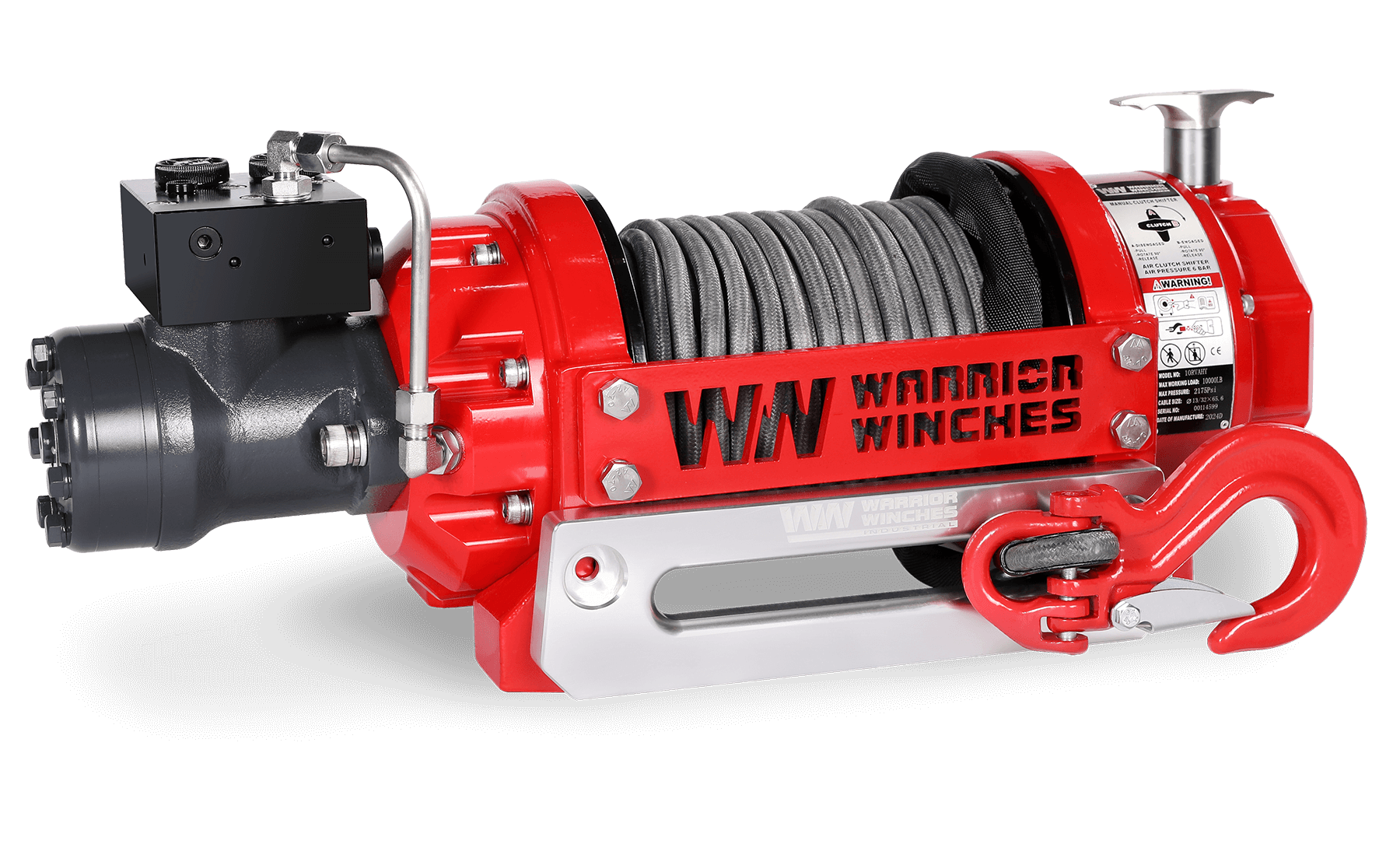 RV10 10,000lb industrial hydraulic winch with synthetic rope and red heavy-duty construction