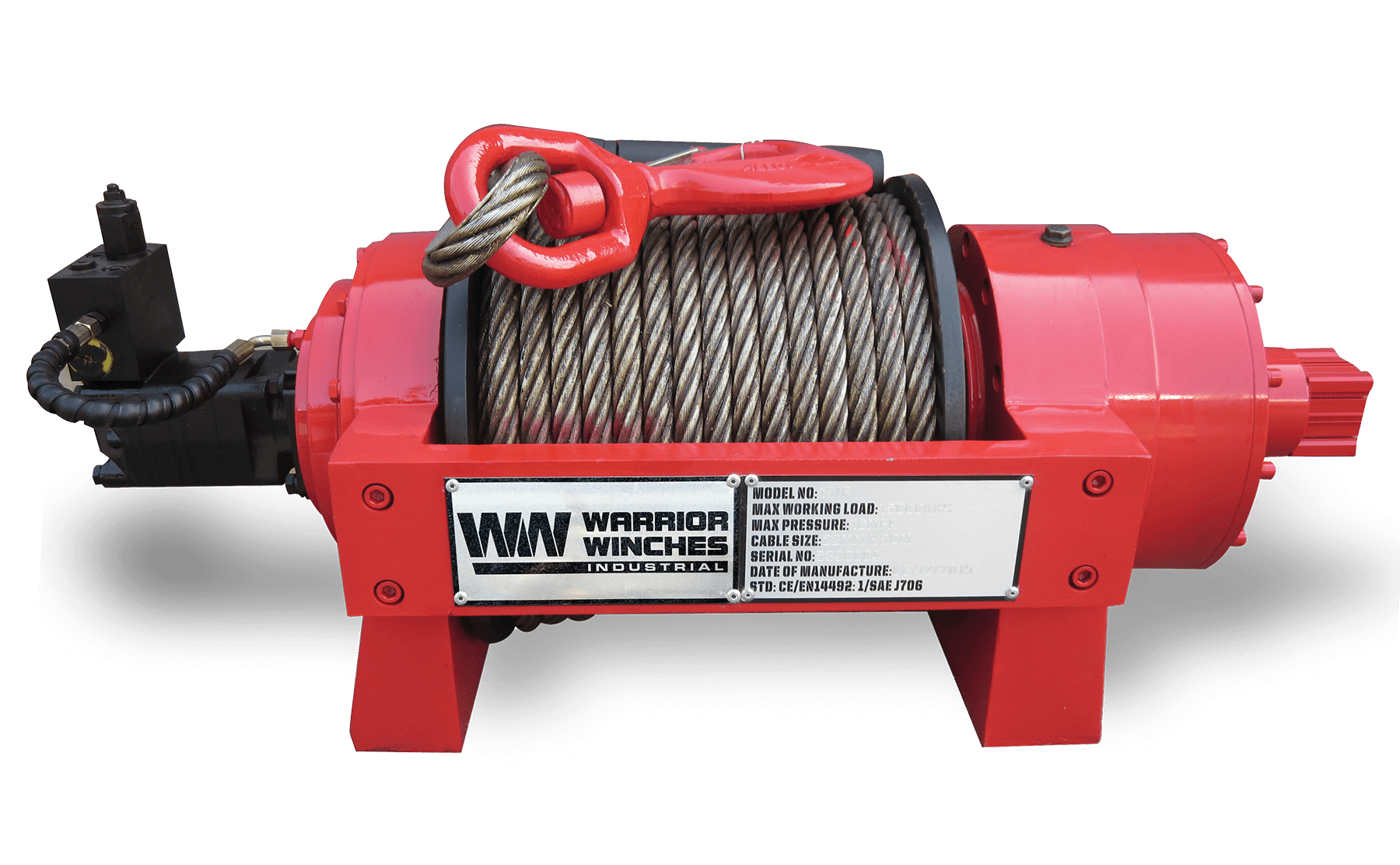 JP13 29,000lb industrial hydraulic winch with steel rope and red housing for heavy-duty recovery tasks