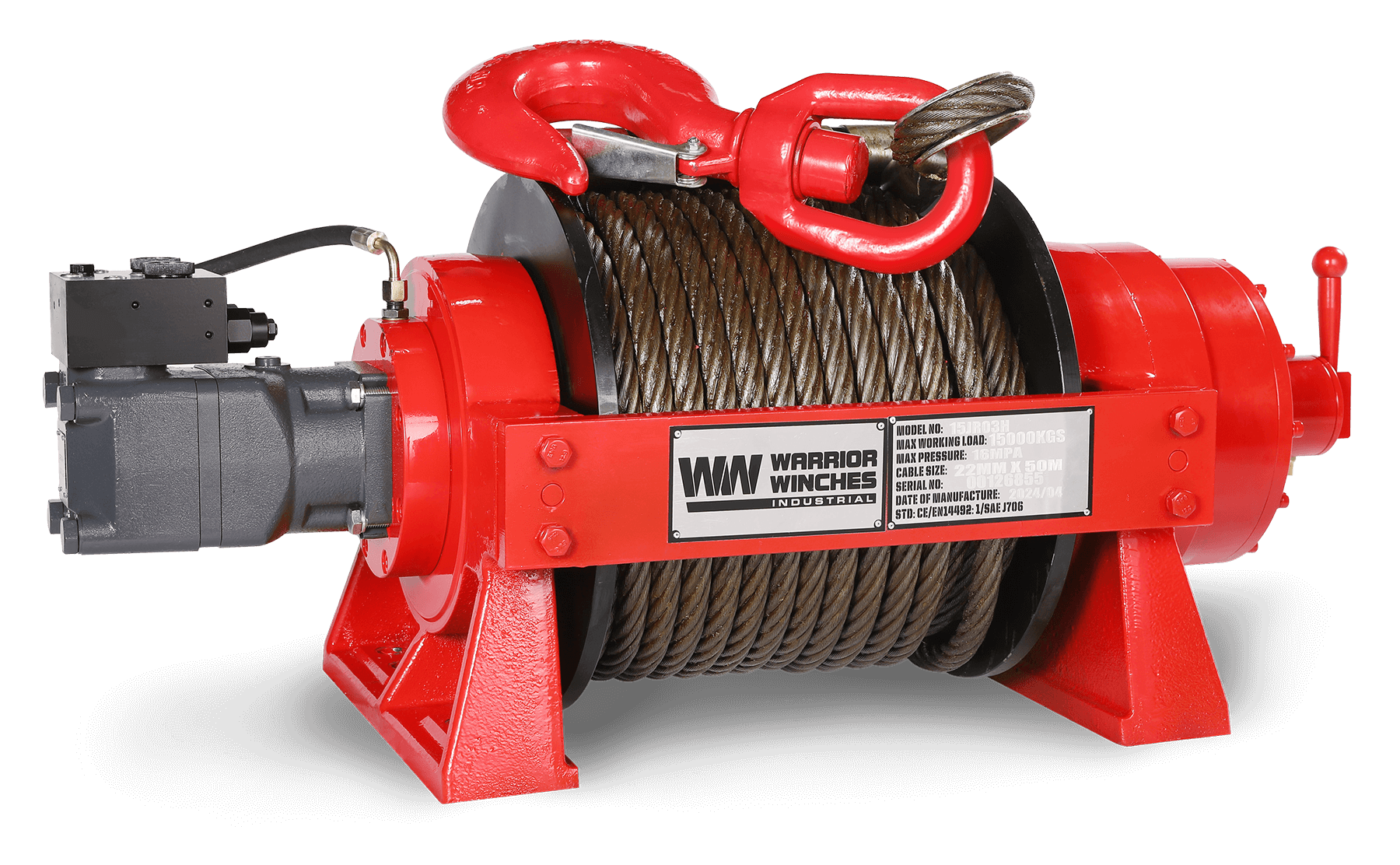 JR15 33,000lb industrial hydraulic winch with steel rope in red compact design