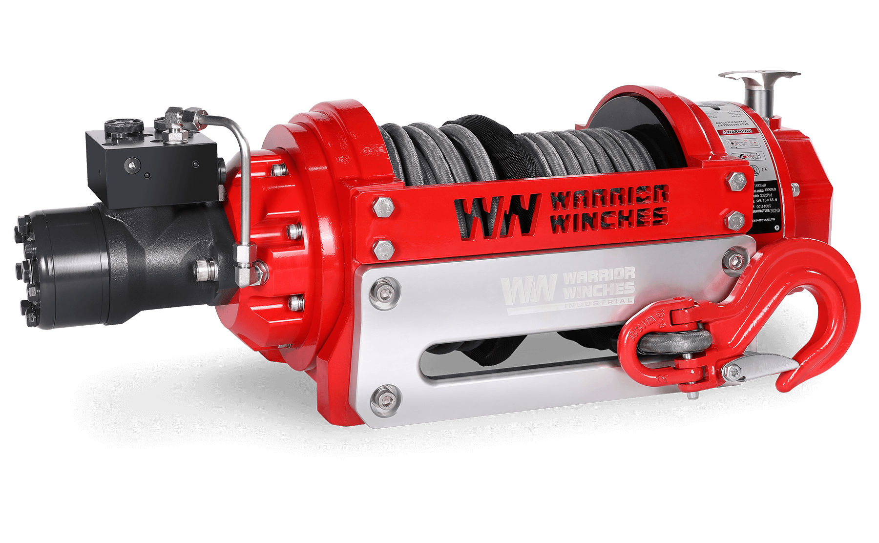 RV18 18,000lb industrial hydraulic winch with synthetic rope and heavy-duty red steel frame
