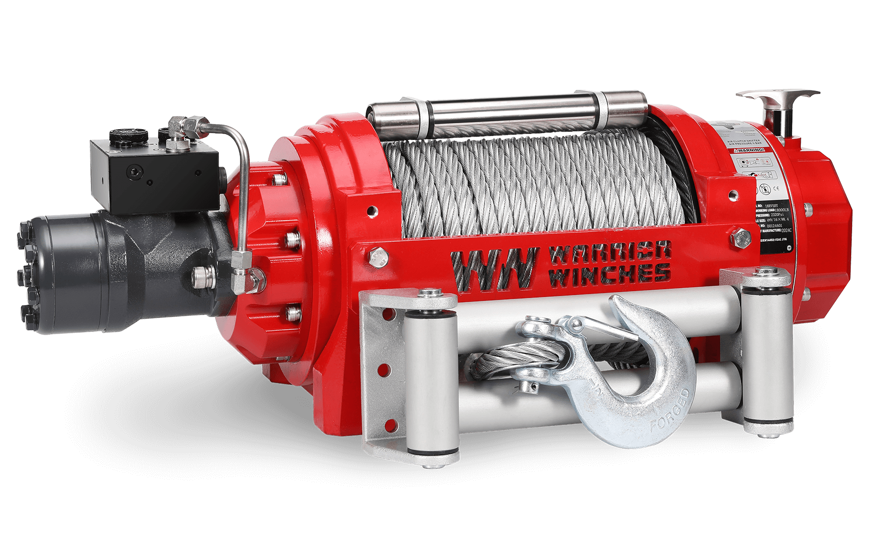 RV18 18,000lb industrial hydraulic winch with steel rope and red housing
