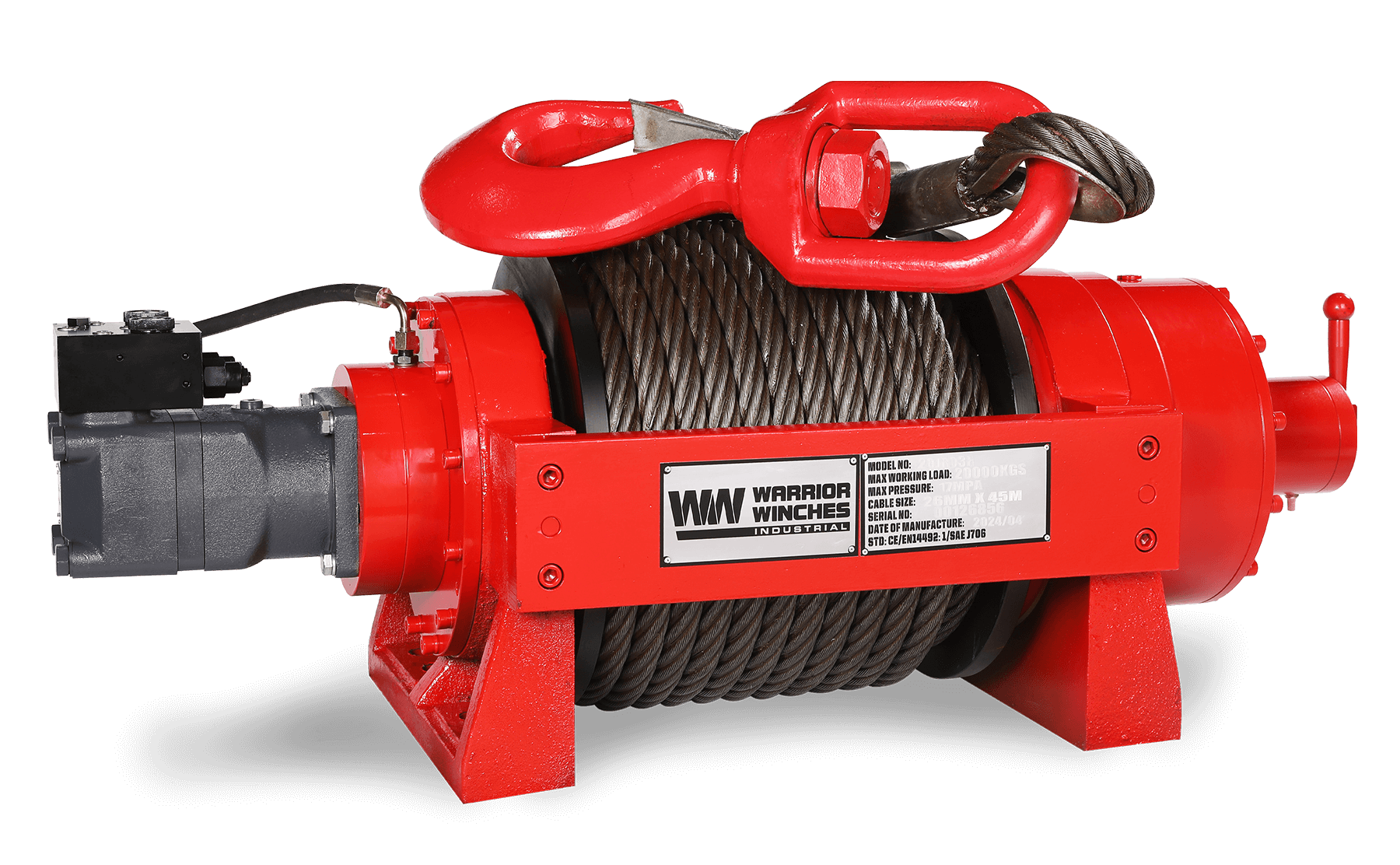 JR20 44,000lb industrial hydraulic winch with steel rope and red housing for heavy-duty lifting and pulling tasks