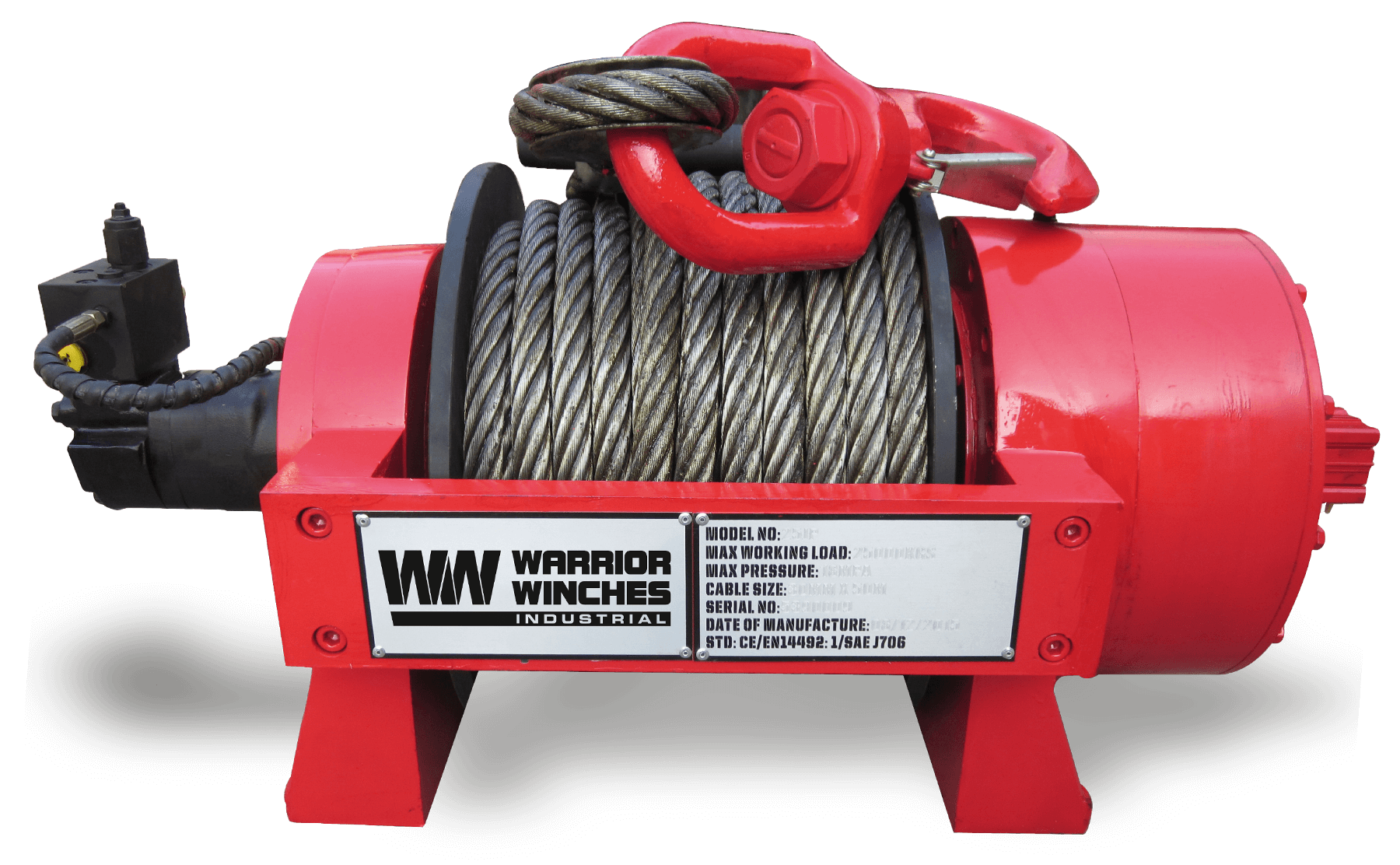 JP30 66000lb industrial hydraulic winch with steel rope and heavy-duty red steel frame