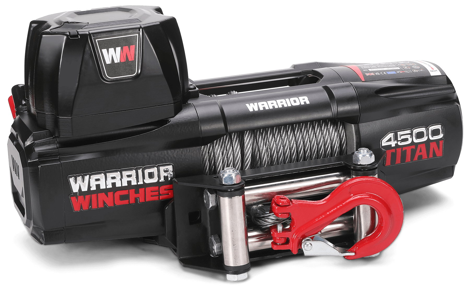 Titan 4500lb 12v electric winch with steel rope and red hook by Warrior Winches