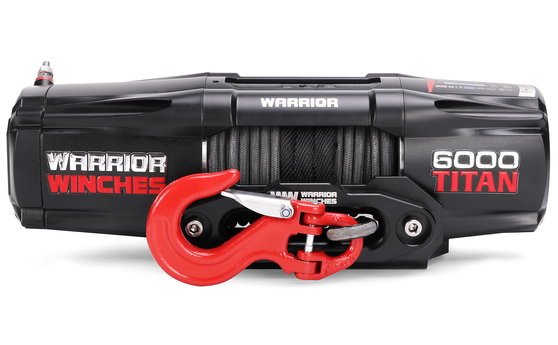 Titan 6000lb 12v electric winch with synthetic rope and red hook for heavy-duty recovery tasks