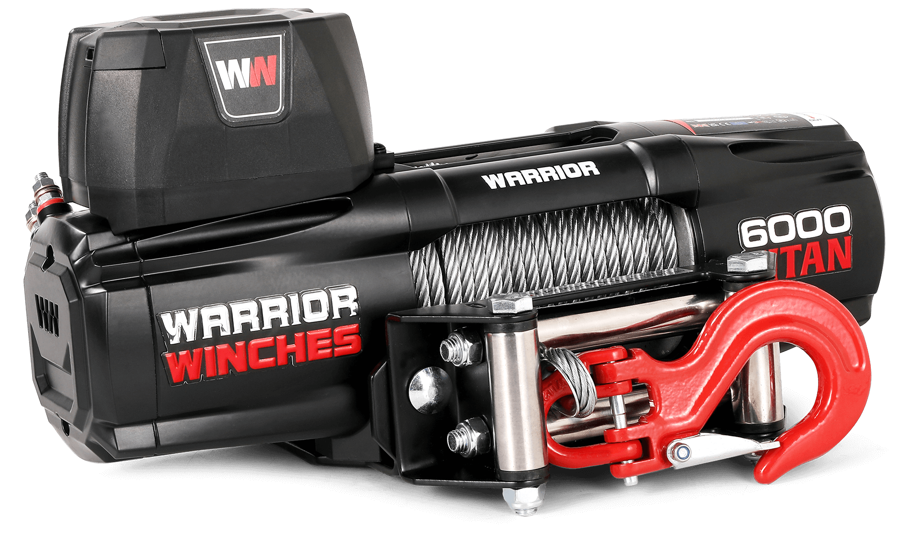 Titan 6000lb 12v electric winch with steel rope and red hook for heavy-duty recovery tasks