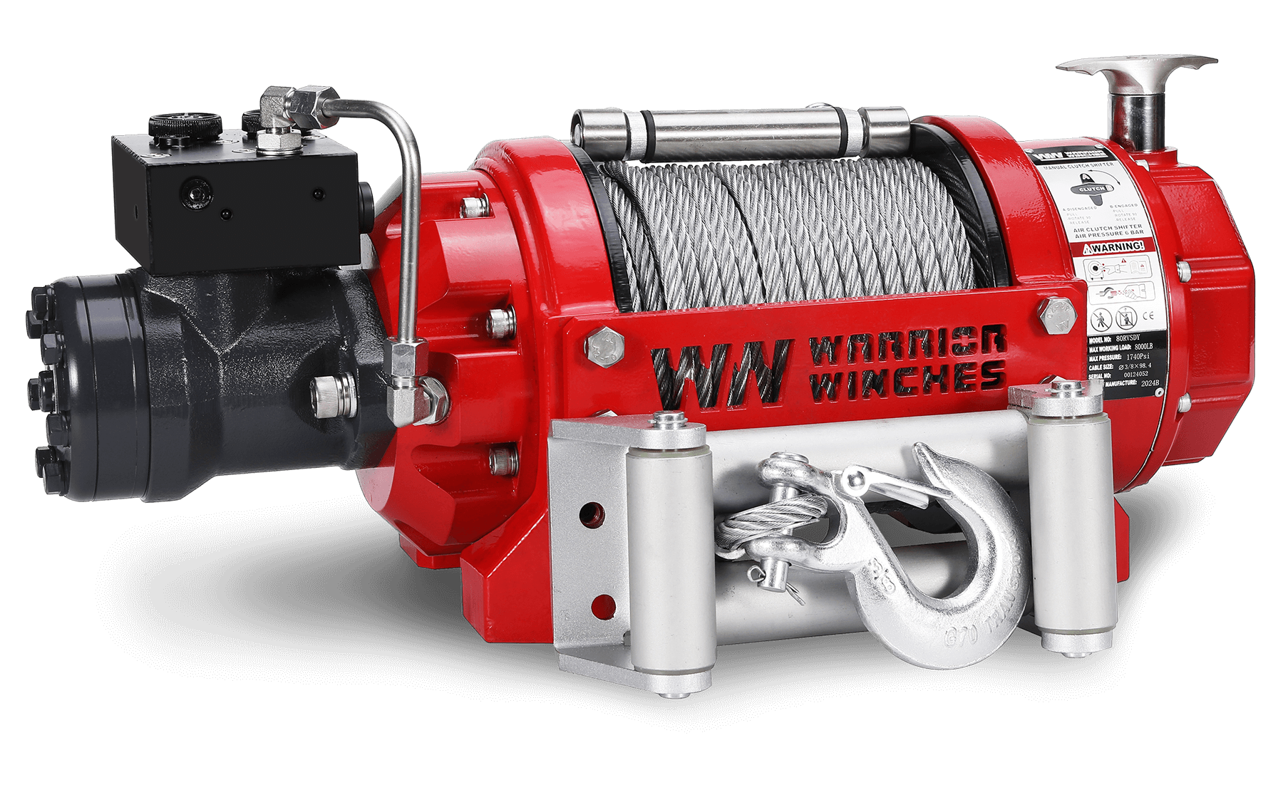 RV8 8,000lb hydraulic short drum winch with steel rope and heavy-duty red steel casing