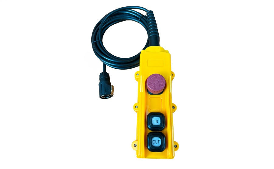 Hoist wired remote control with yellow casing and coiled cable for industrial lifting applications