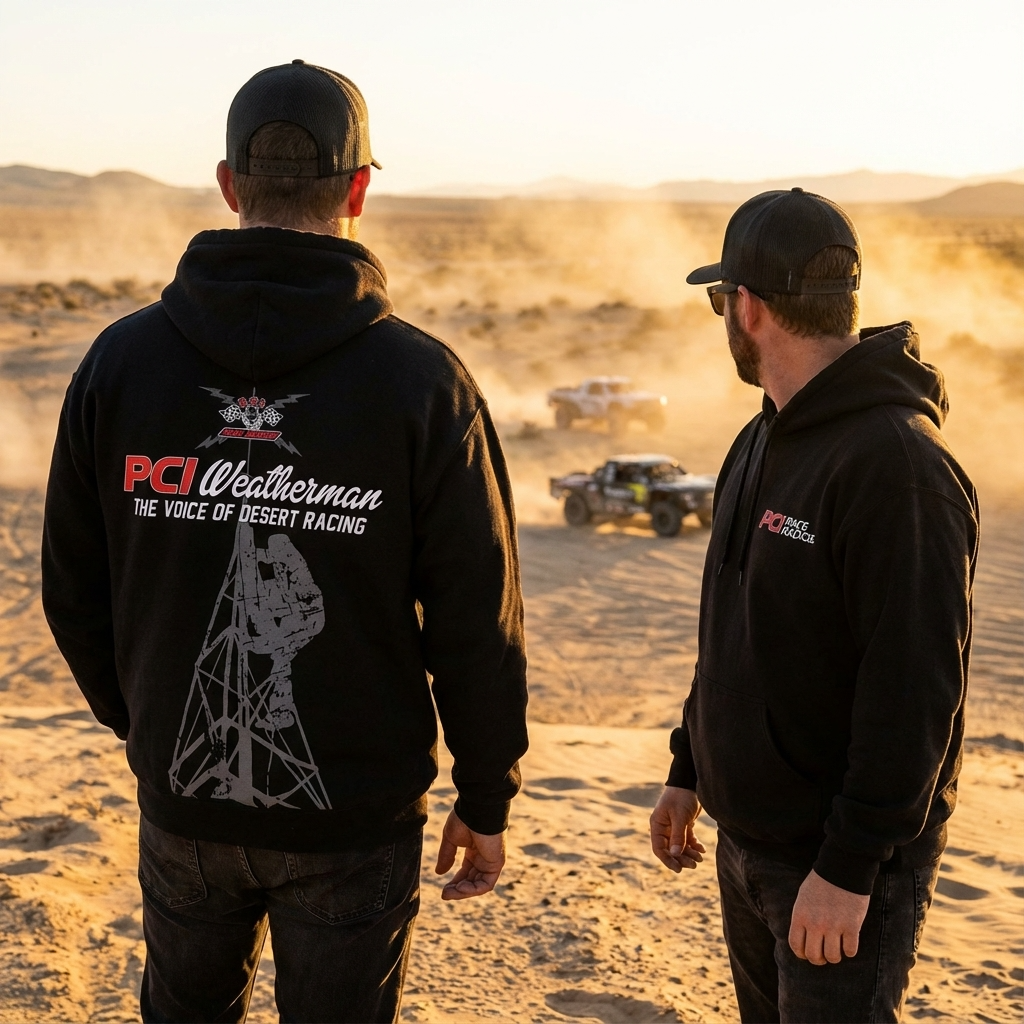 Men wearing black Weatherman pullover hoodies with PCI logo in desert racing environment