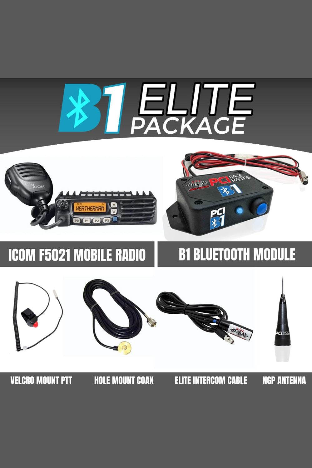 PCI Bluetooth Single Seat Vehicle Module with Icom F5021 Radio, B1 Bluetooth Module, antenna, and cables displayed.