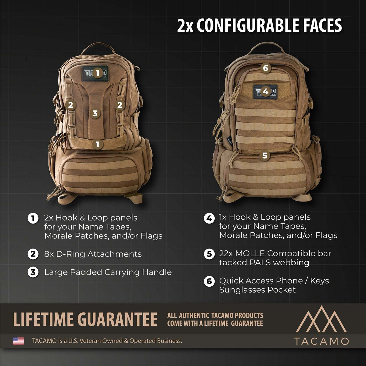 Two tan tactical backpacks with configurable front panels, featuring hook and loop panels, D-ring attachments, and a large padded carrying handle.