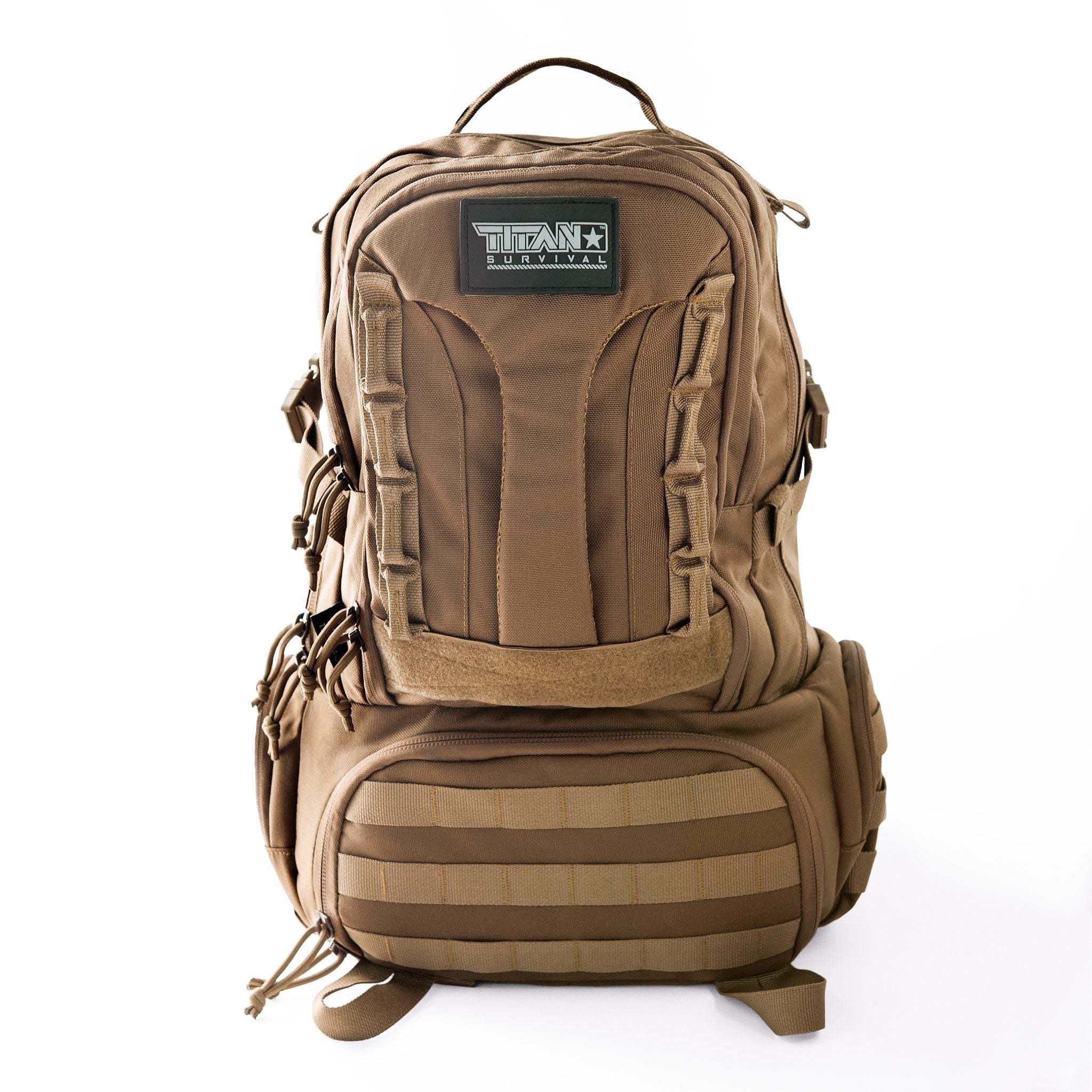 TACAMO BC50 50L Tactical Backpack with multiple compartments and MOLLE system in tan color.