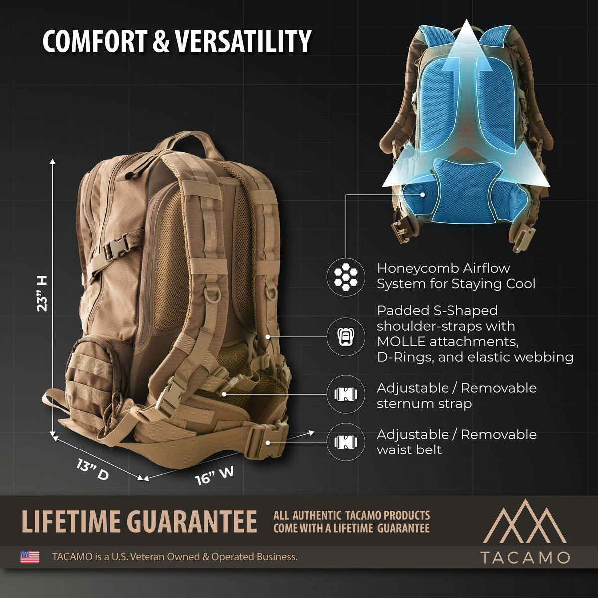TACAMO BC50 50L tactical backpack with padded straps and Honeycomb Airflow system, designed for comfort and versatility.