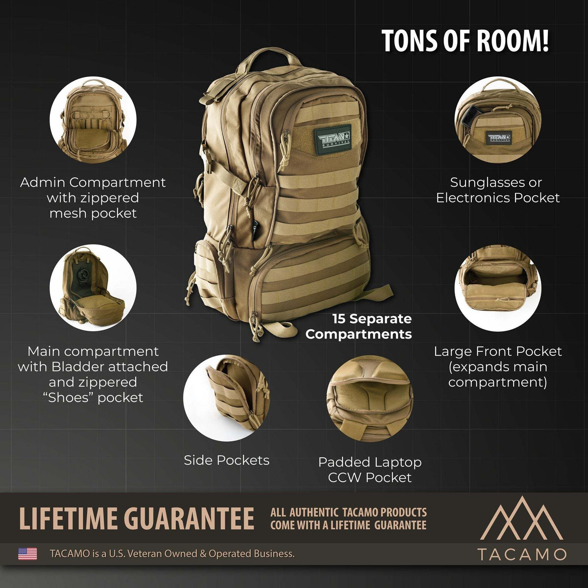50L Tactical Backpack with multiple compartments for outdoor use; durable, versatile, and hydration-ready.