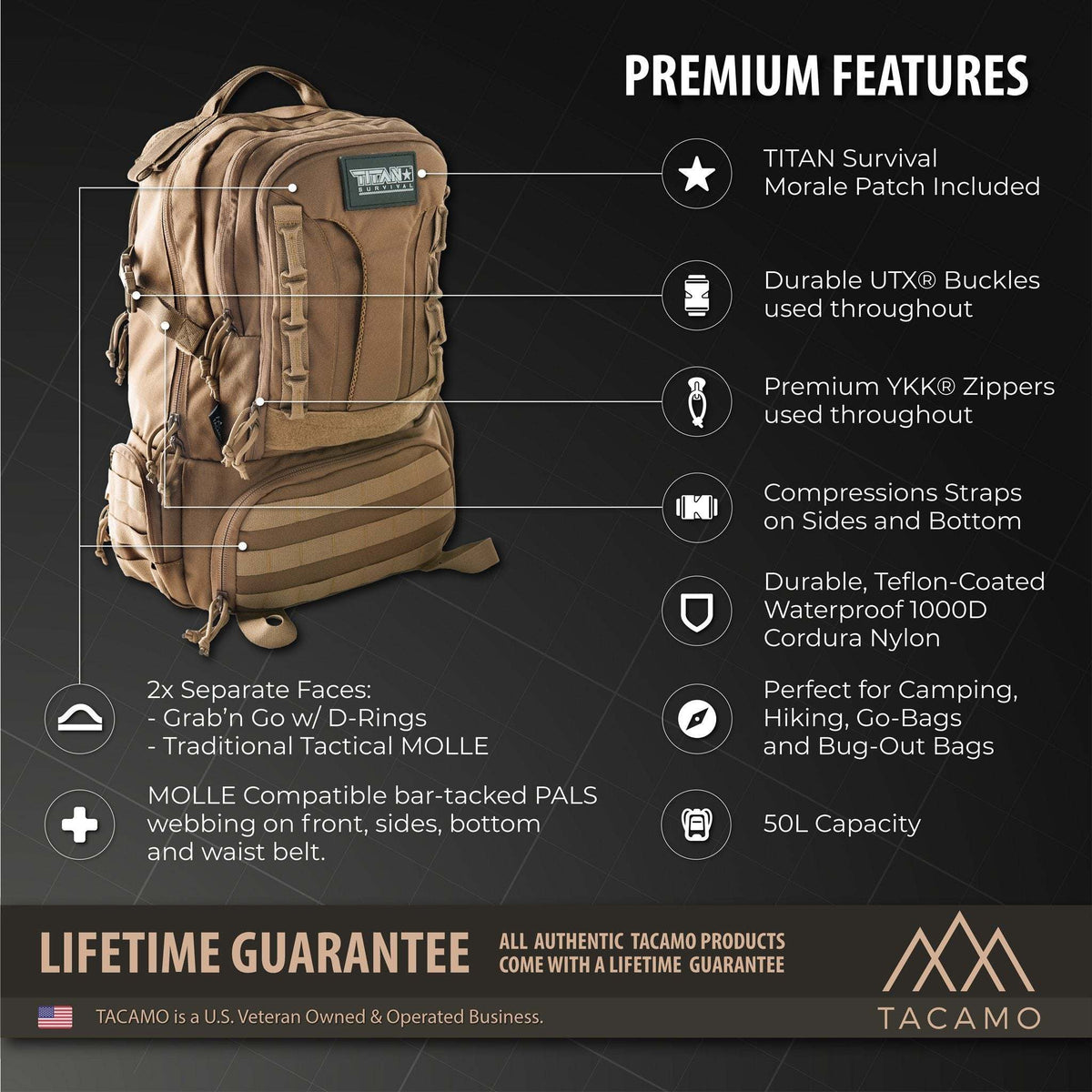 50L TACAMO BC50 Tactical Backpack with MOLLE system, military-grade Cordura, 3L hydration bladder, and lifetime guarantee.