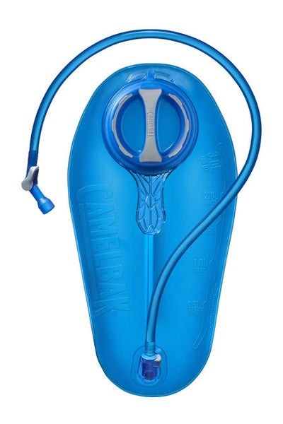 Camelbak Crux Reservoir in blue with hydration tube and leak-proof features.