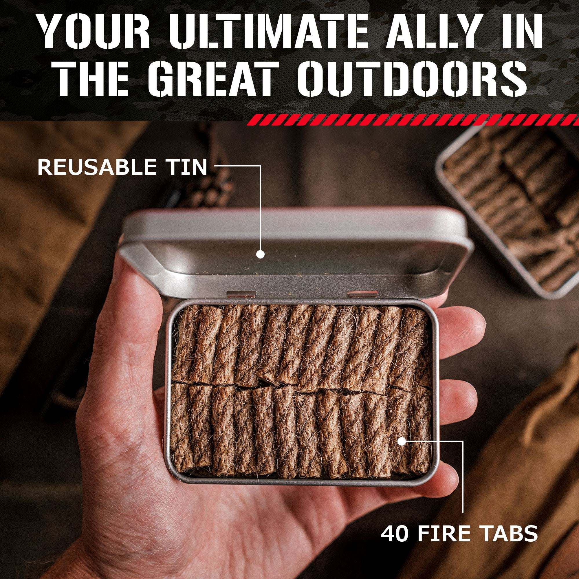 Reusable tin containing 40 CHOKTAW Fire Tabs for emergency fire starting outdoors.